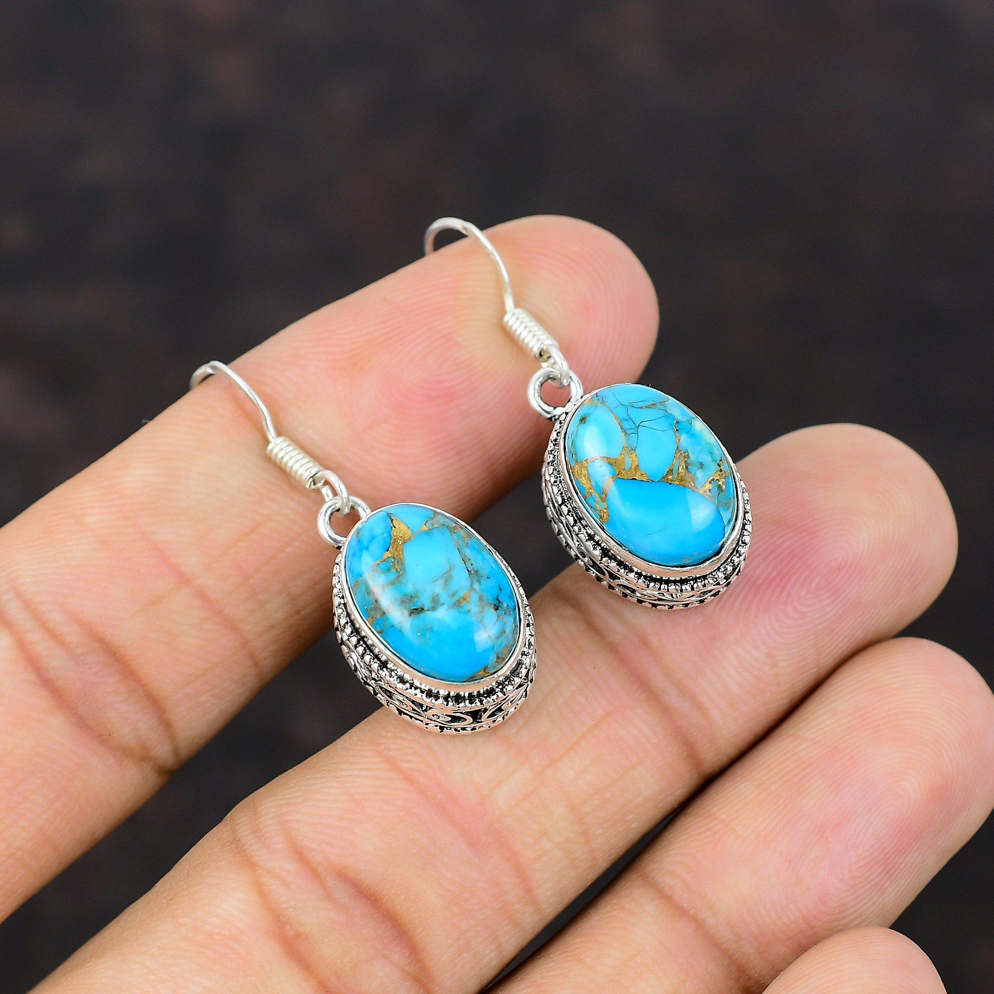 Медные синие бирюзовые серьги Изысканные ювелирные изделия ручной работы Серьги из стерлингового серебра 925 пробы Замечательные ювелирные изделия из драгоценных камней Винтажные серьги Подарок для друга