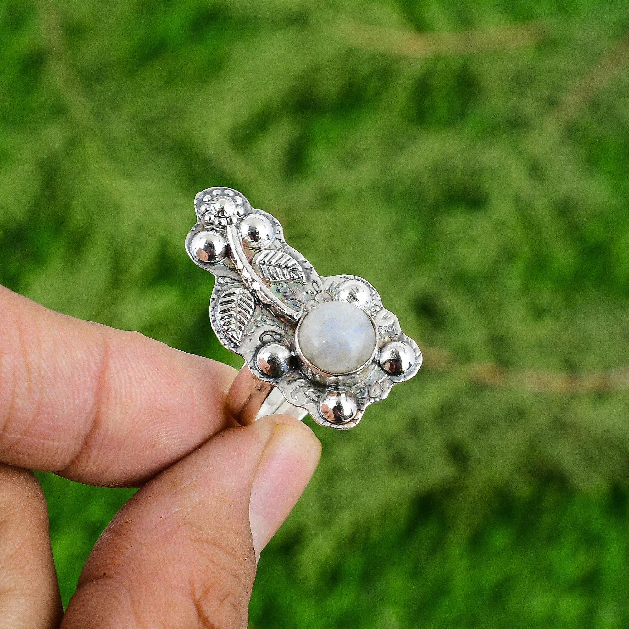 Sterling Silver Round Rainbow Moonstone Stone Engagement Flower Daughter Ring