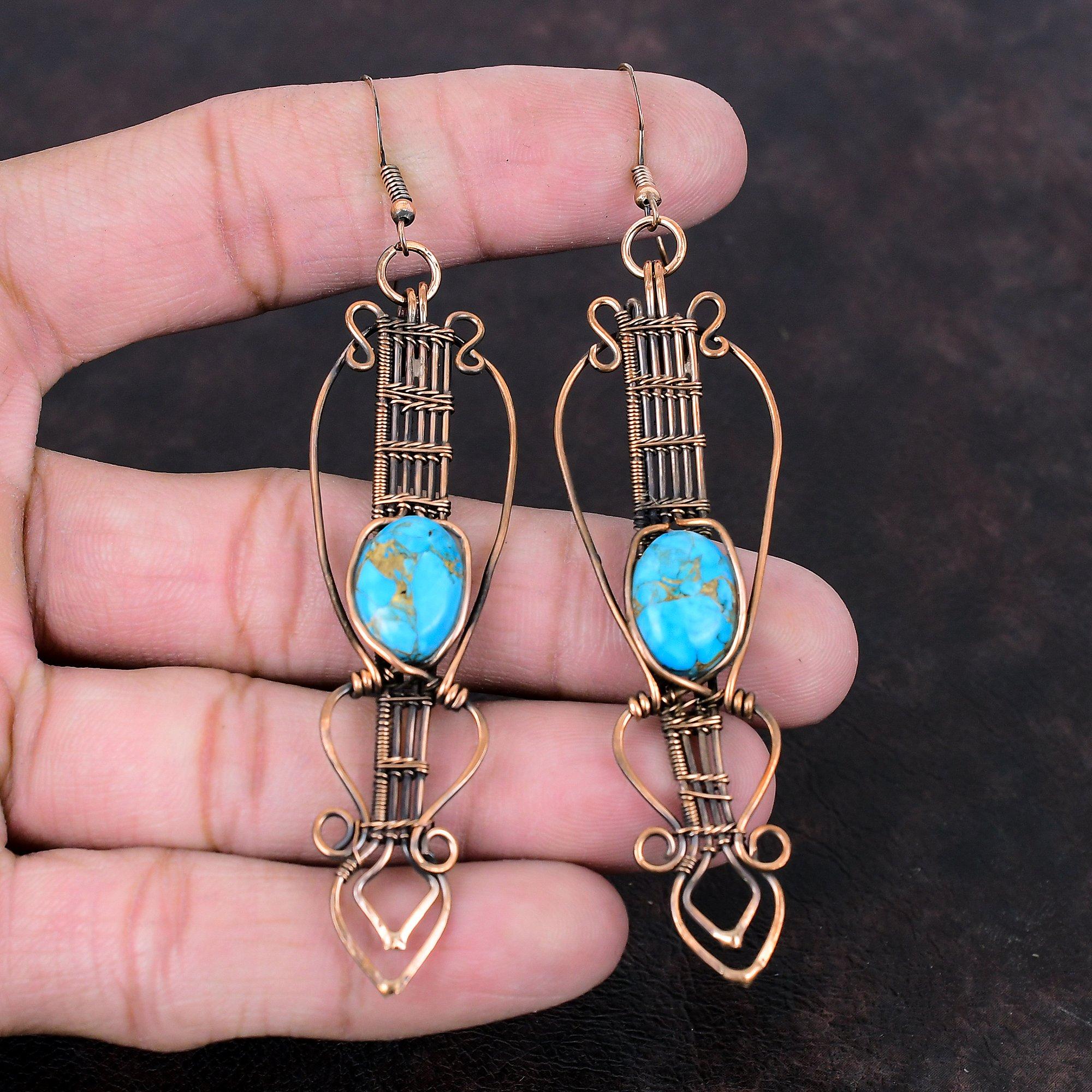 Медно-голубая бирюзовая серьга, медная проволочная обернутая серьга, драгоценный камень, медные украшения, серьги ручной работы, проволочная обертка, уникальные серьги для подарка