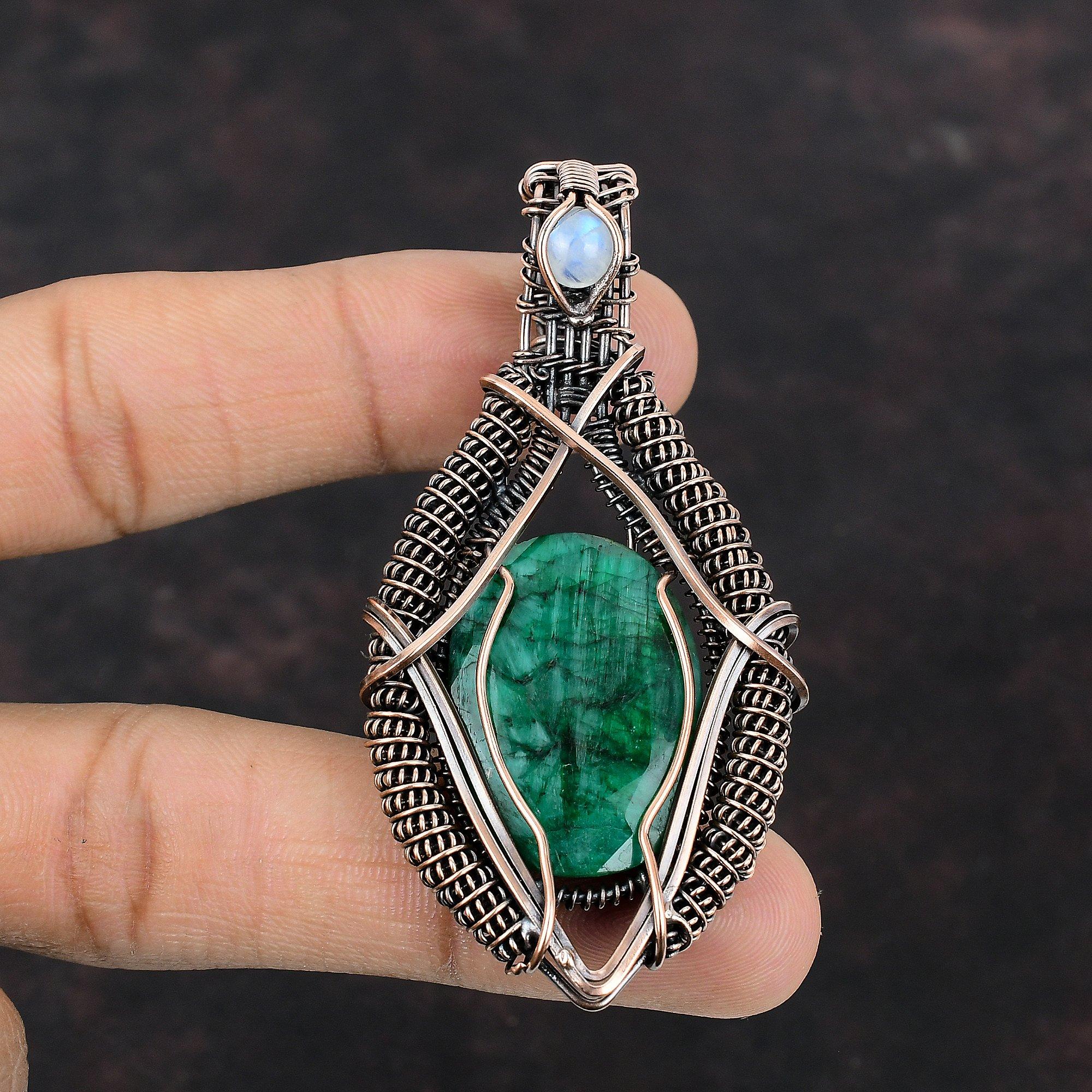 Ограненный замбийский изумруд, медный кулон, медная проволока, кулон, кулон ручной работы, медный ювелирный подарок, Радужный лунный камень, драгоценный камень, ювелирные изделия