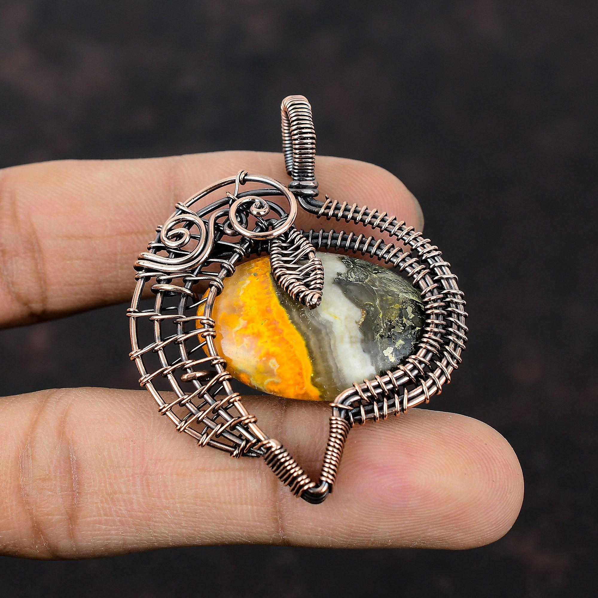 Подвеска Bumble Bee Jasper, медная проволока, обернутая в ювелирное изделие, дизайнерская медная подвеска, ювелирное изделие из драгоценных камней ручной работы, уникальная подвеска, проволочная подвеска для подарка
