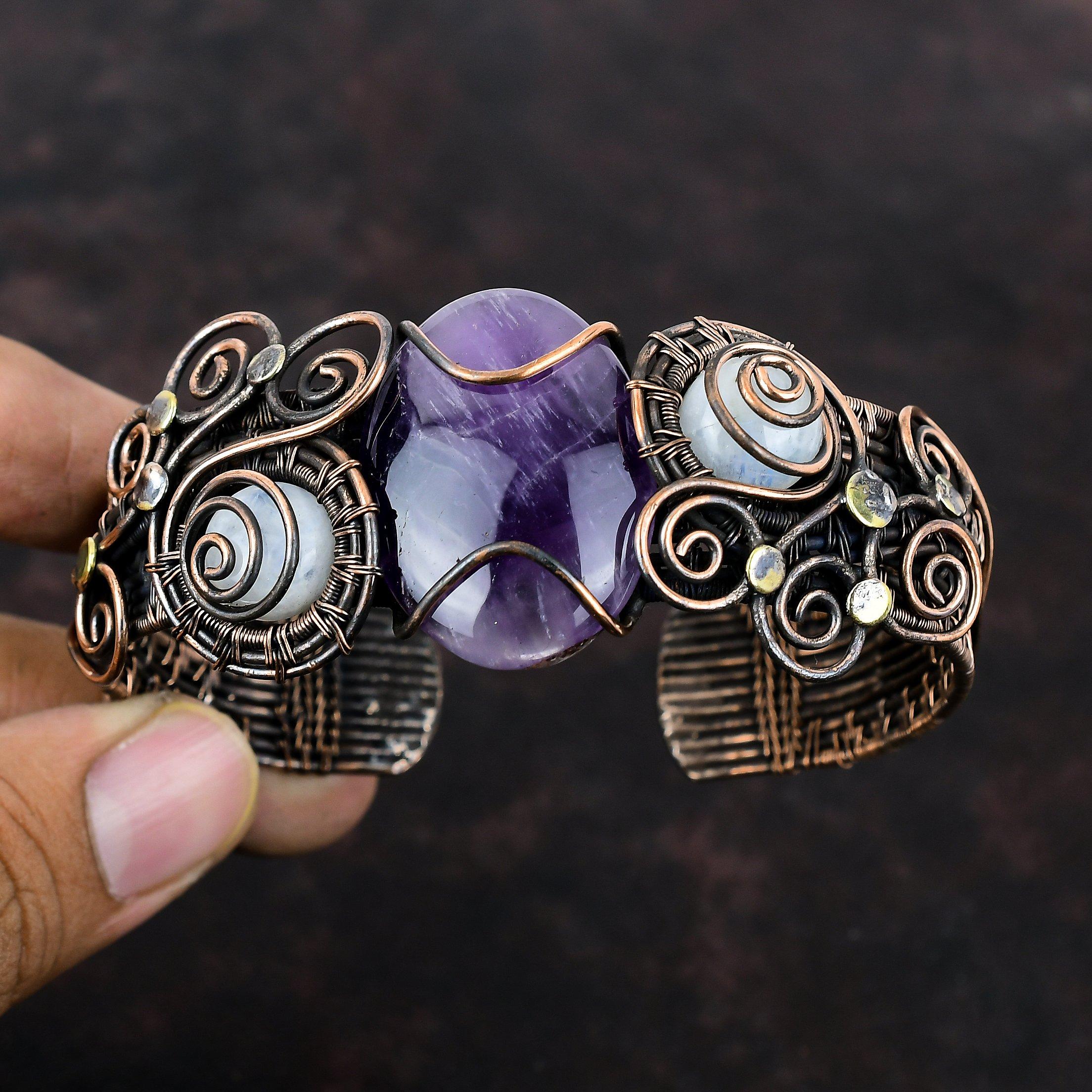 Браслет-манжета со звездным аметистом, браслет с драгоценными камнями, браслет-манжета с медной проволокой, браслет-манжета с радужным лунным камнем, регулируемый браслет, новые ювелирные изделия ручной работы