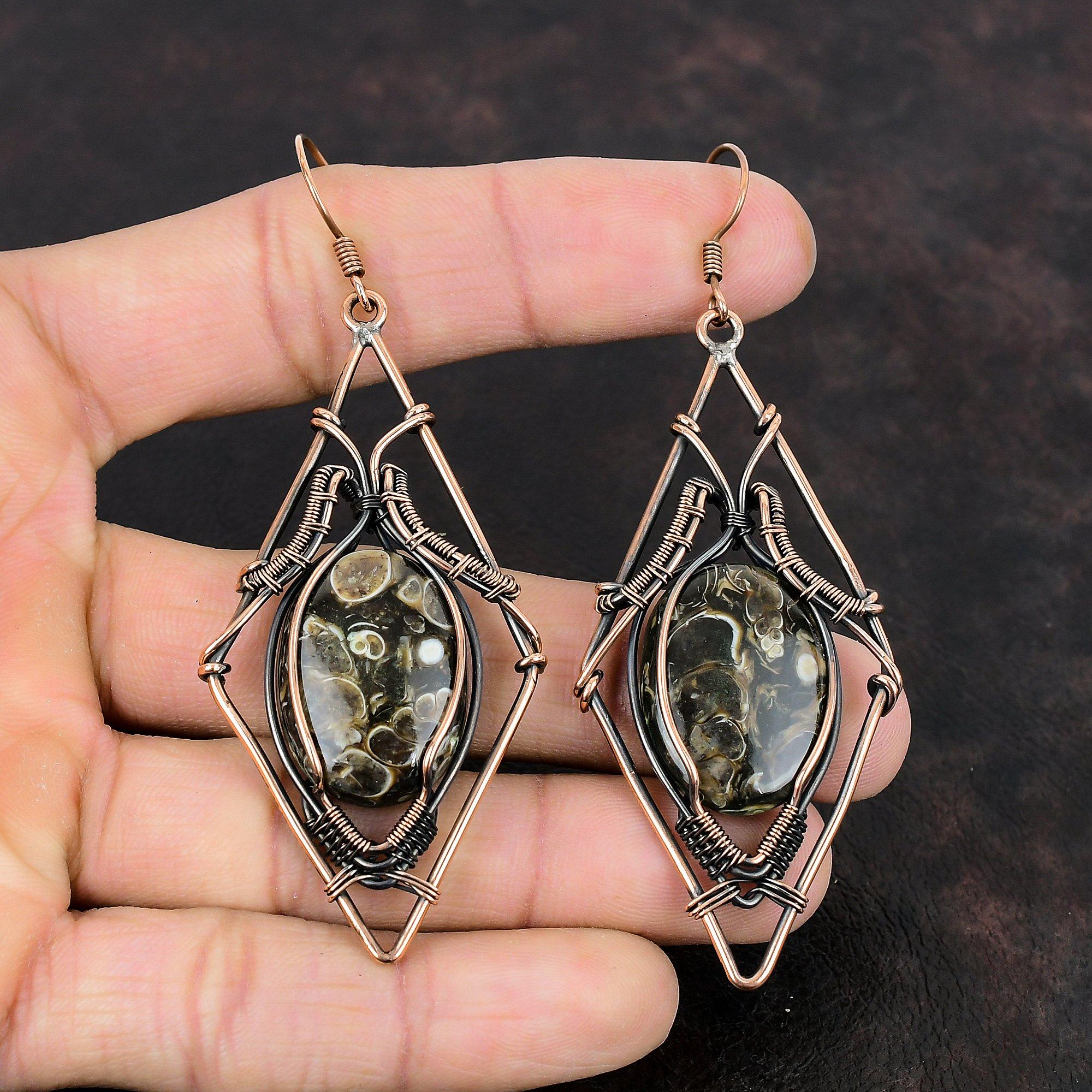 Серьги Turritella Agate Серьги с медной проволокой, обернутые в медь Драгоценные камни Медные украшения Ручная работа Серьги-подвески, обернутые в проволоку Подарки на годовщину