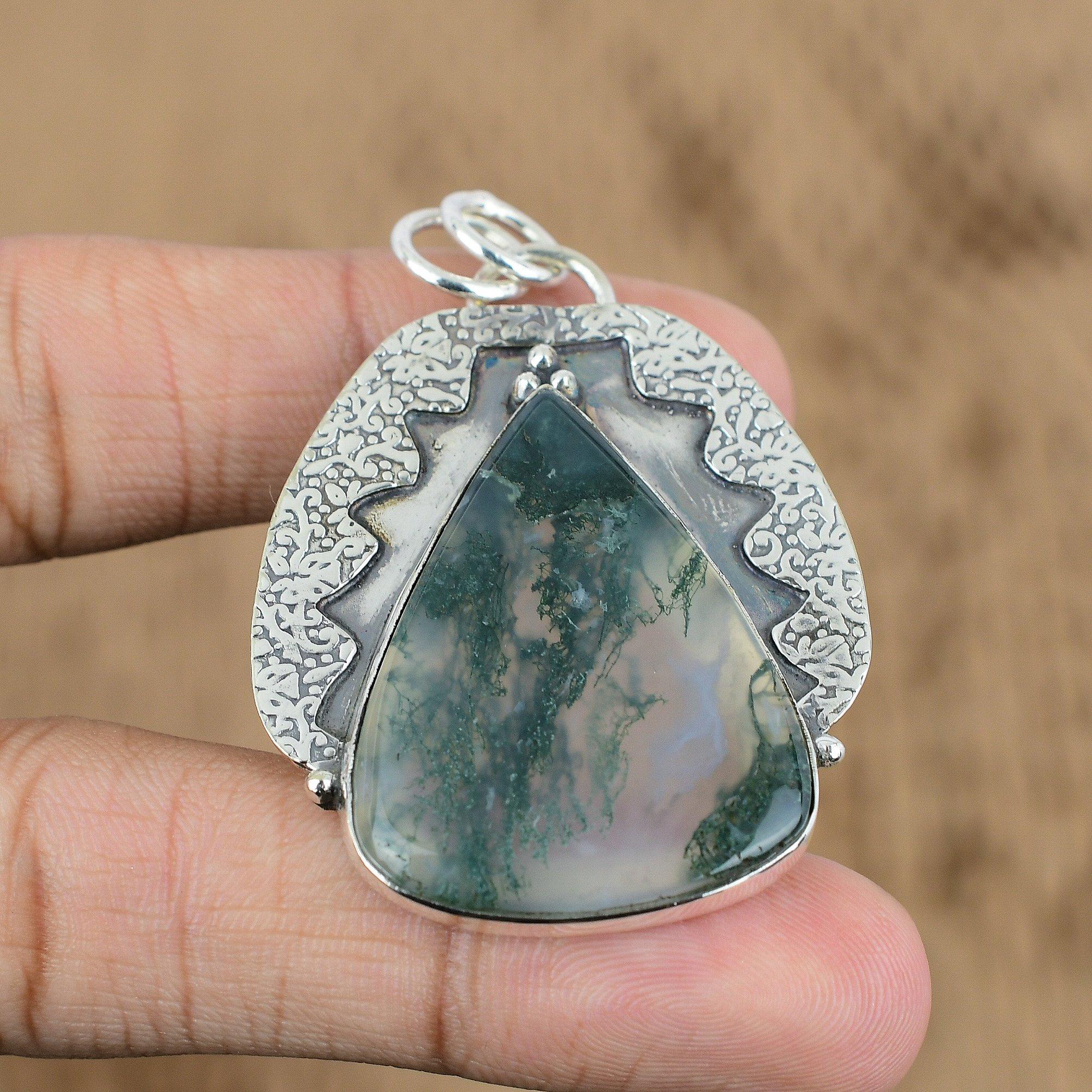 Wedding Gift For Her 925 Silver Natural Solar Moss Agate Gemstone Pendant