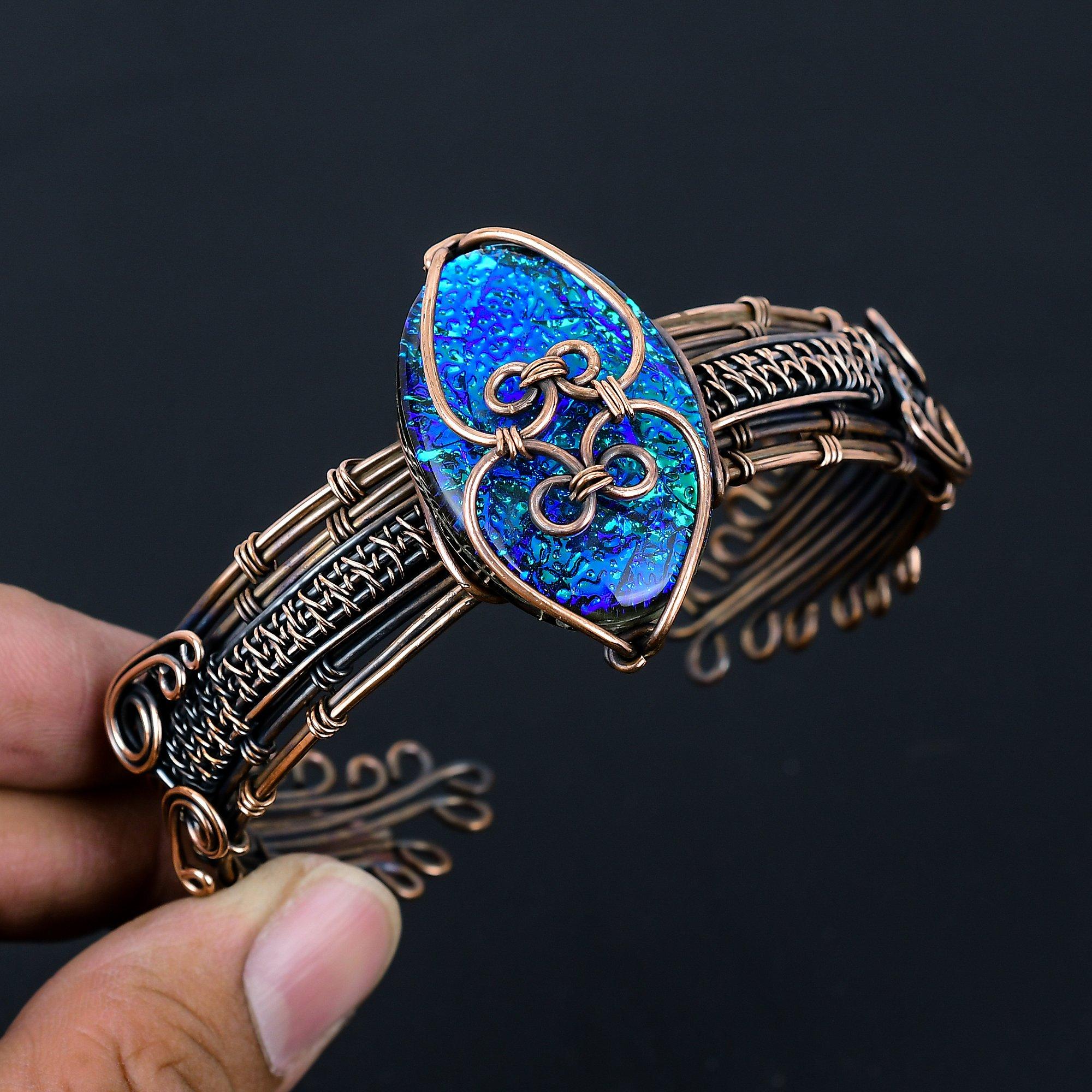 Синий австралийский тройной опал, драгоценный камень, чистая медная проволока, обернутая вручную, манжета/браслет, ювелирные изделия
