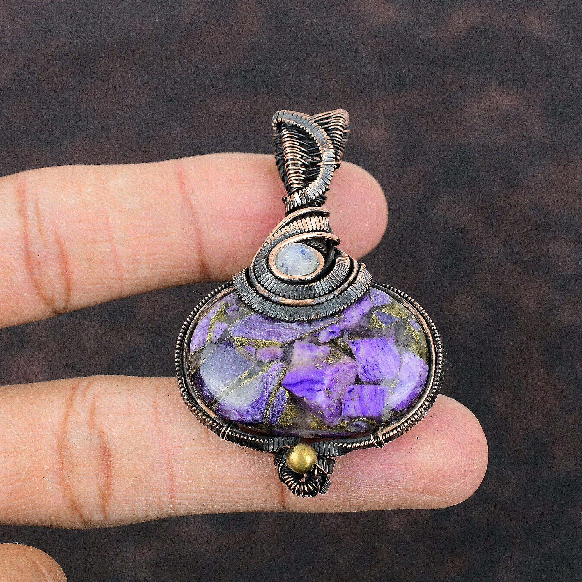 Медный кулон с чароитом, медная проволока, обернутая кулоном, драгоценный камень, подвеска ручной работы, кулон с радужным лунным камнем, медные украшения, подарок для нее