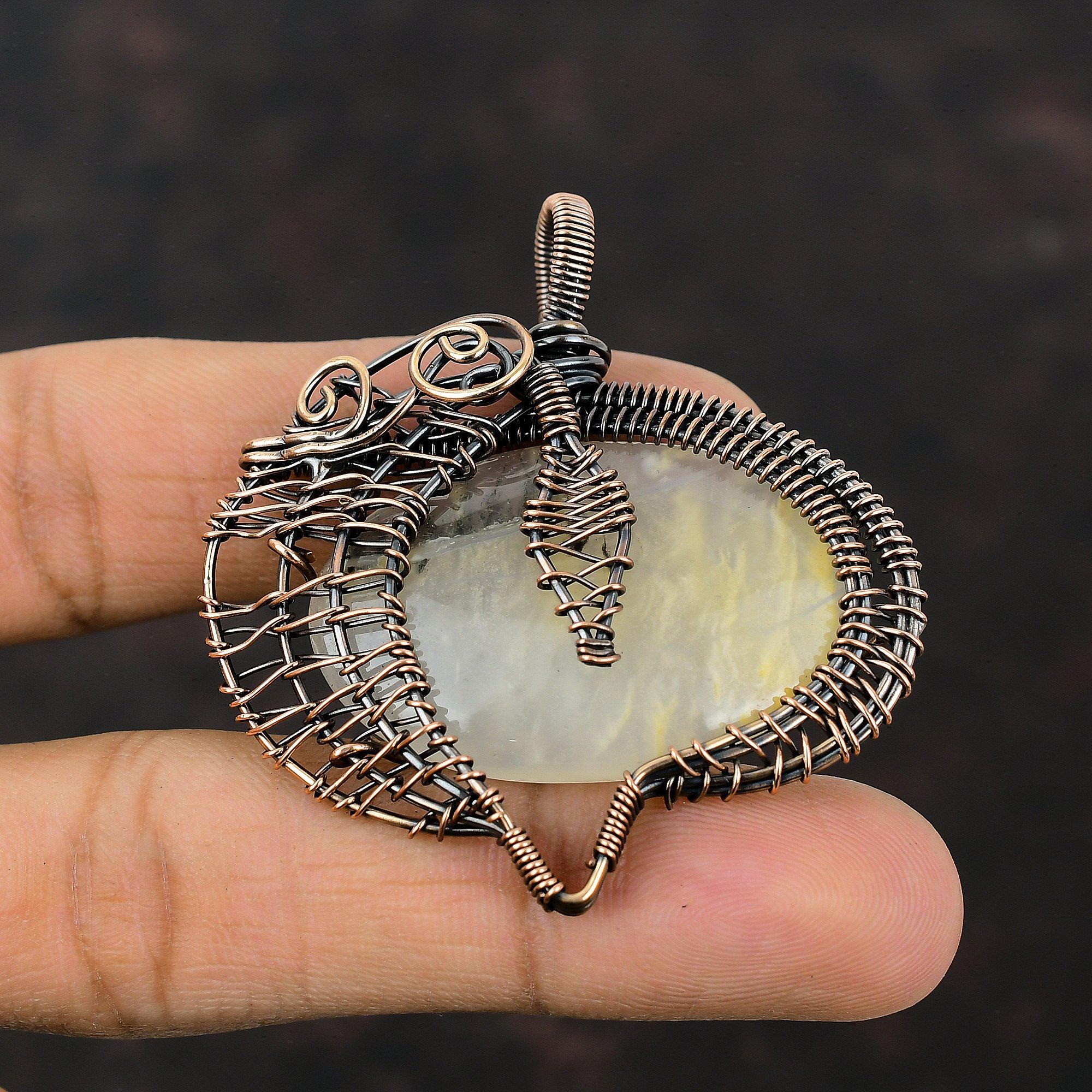 Подвеска из агата с перьями, обернутая медной проволокой, ювелирные изделия из драгоценного камня с перьями, дизайнерская подвеска ручной работы, обернутая медной проволокой, подарок для мамы