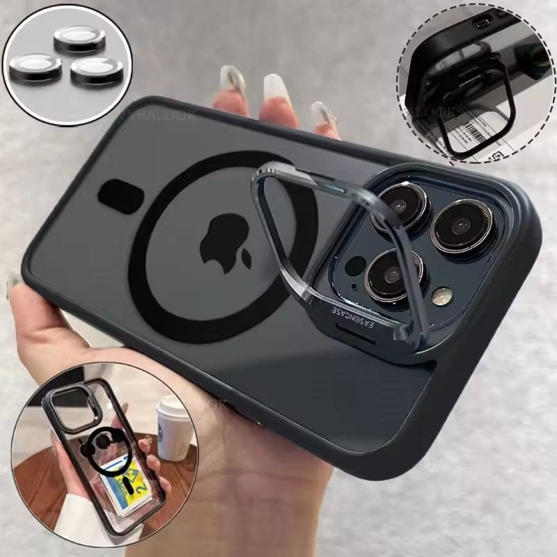 Металлический держатель Чехол для телефона для iPhone 17 16 15 14 13 12 11 Pro Max Plus Air Для Magsafe Прозрачная магнитная крышка для защиты объектива