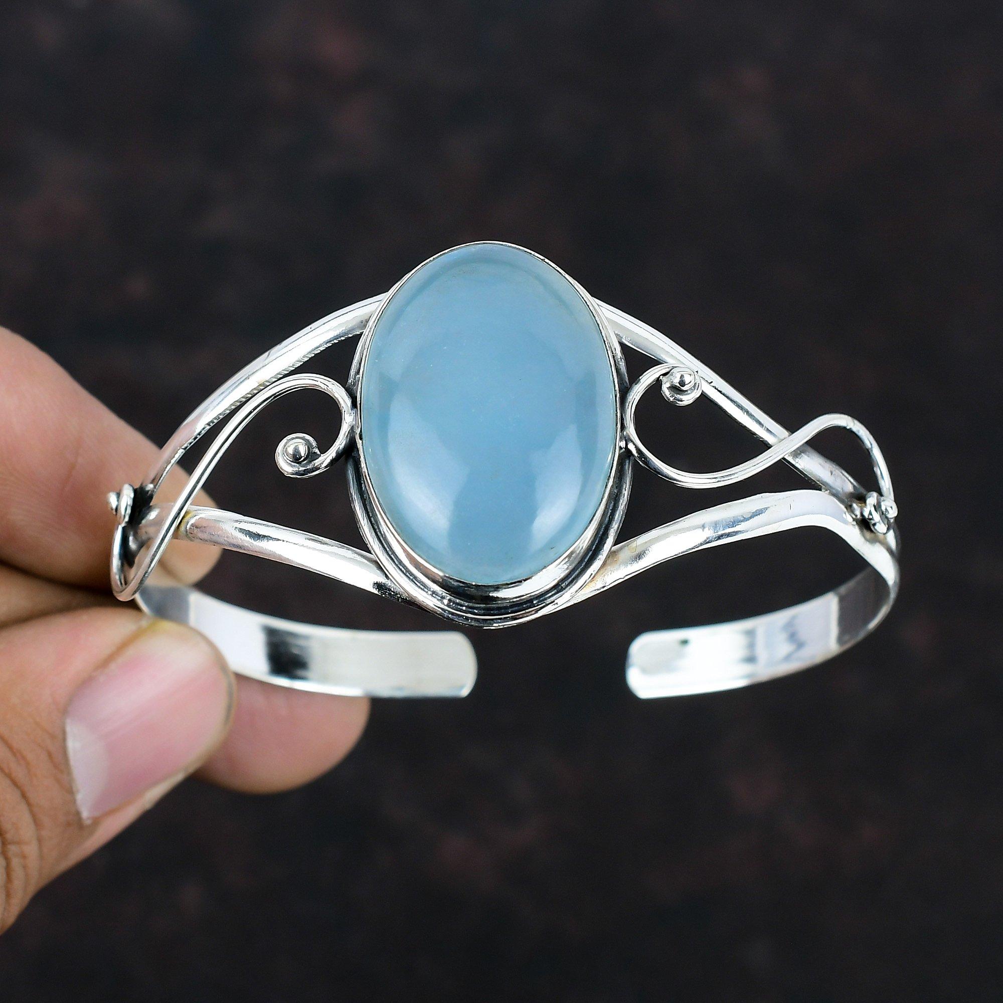 Браслет с аквамарином, браслет с драгоценными камнями, ювелирные изделия ручной работы, регулируемый браслет-манжета, браслет из стерлингового серебра 925 пробы, античный браслет-манжета, подарки для жены