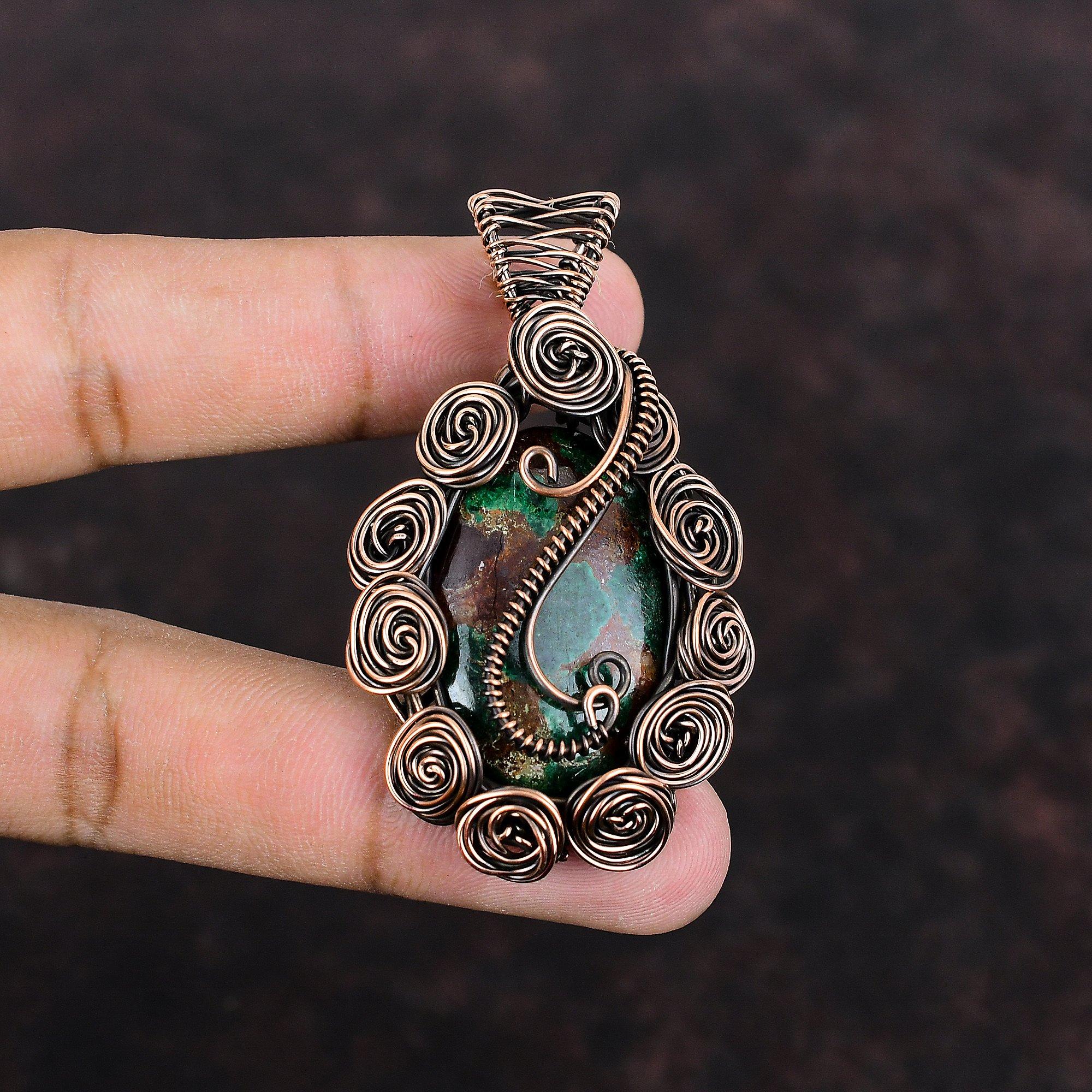 Кулон из куприта и хризоколлы, обернутый медной проволокой, ювелирное изделие, подвеска из драгоценного камня, дизайнерское ювелирное изделие, ручная работа, медный кулон, обернутый проволокой, кулон для подарка