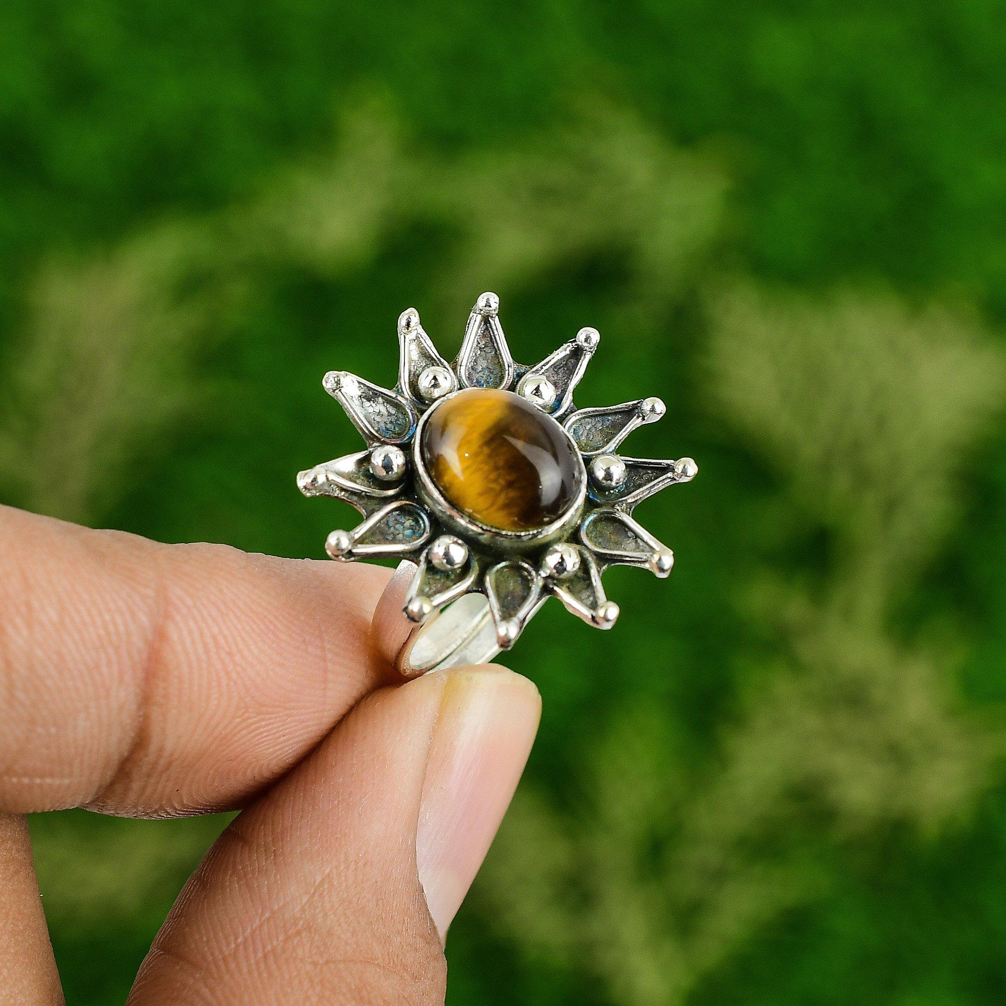 Womens day Deal Sterling Silver Tigers Eye Stone New Flower Promise Sister Ring
