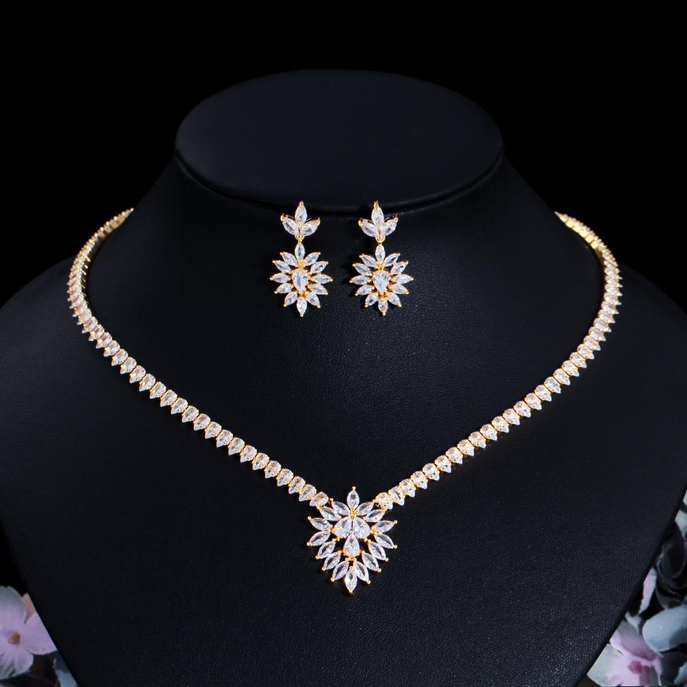 CMM Shiny Gold Color Leaf Shape Zirconia Wedding Necklace Earrings Set
