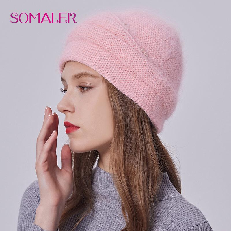 SOMALER Зимняя вязаная шапка из ангорской шерсти для пожилых женщин. Женские элегантные вязаные шапки. Толстые теплые шапки из кашемировой шерсти с искусственным жемчугом.