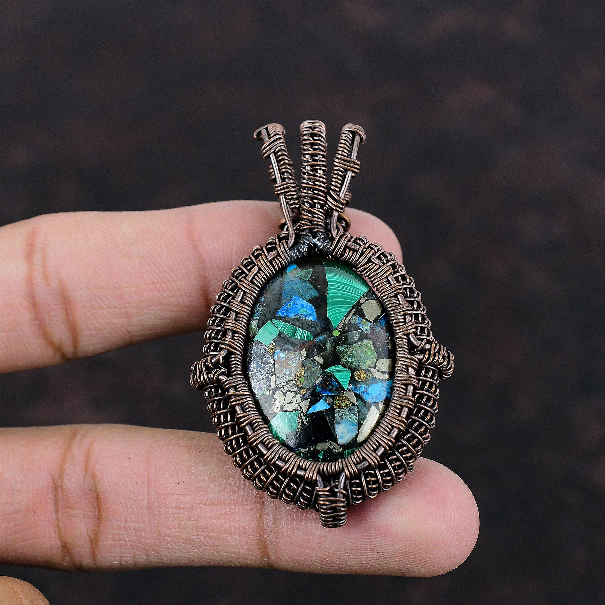 Медный лазуритовый малахитовый кулон, медная проволока, обернутая драгоценным камнем, кулон ручной работы из меди, совершенно новый кулон, обернутый проволокой, ювелирные изделия для подарка