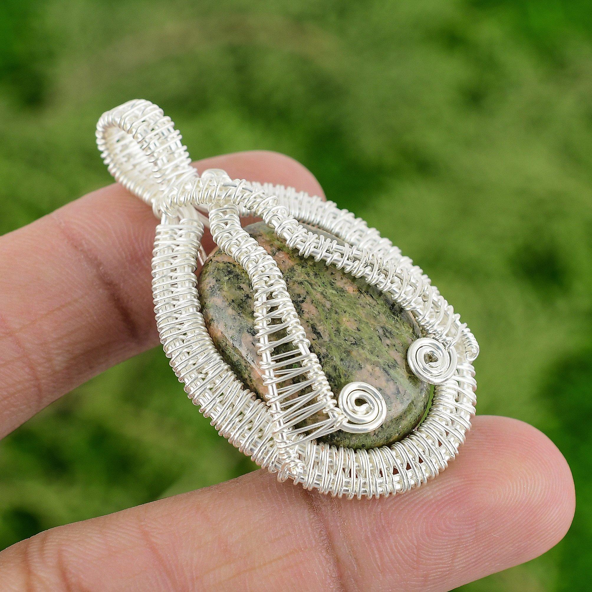 Daughters Day Deal Sterling Silver Oval Unakite Gemstone Wire Wrapping Pendant
