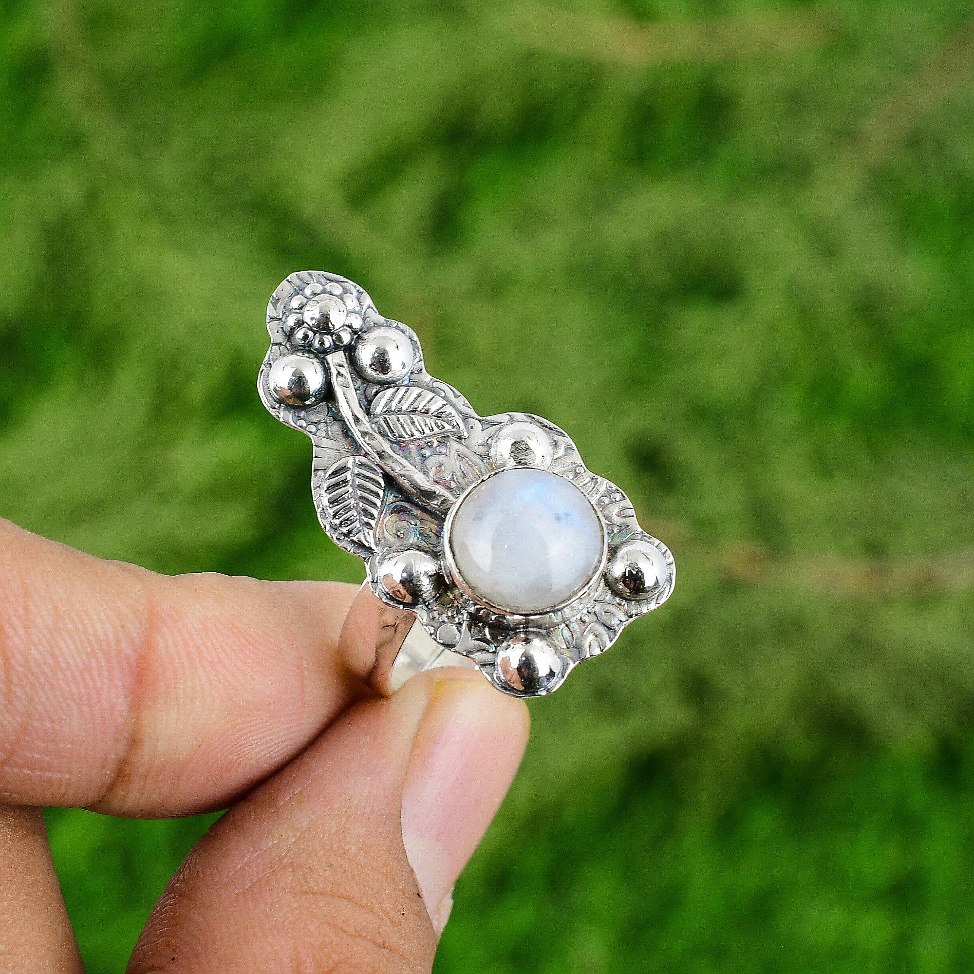 Sterling Silver Natural Rainbow Moonstone Promise Flower Statement Ring Jewelry