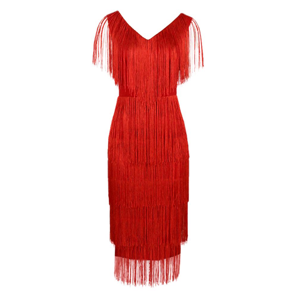 AOMEI Red Tassel Hem Dresses V Neck Sleeveless Bodycon Layered Fringe Cocktail Party Gowns Outfits Plus Size
