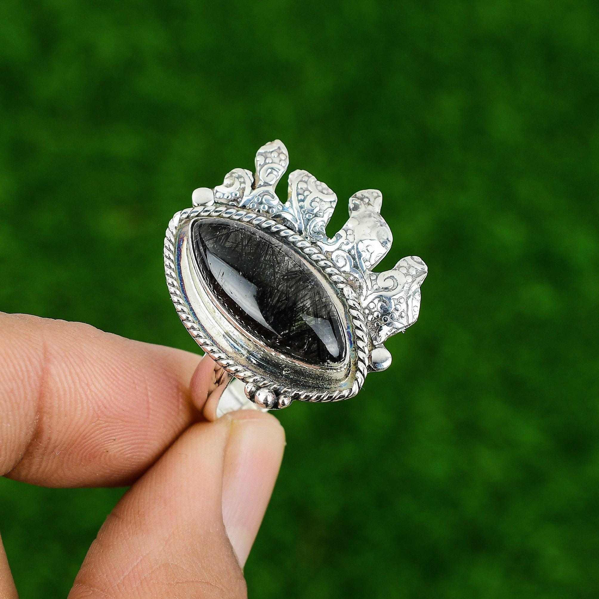 Натуральный камень Рутил Черный 925 Серебро Кольцо Обещания Регулируемое для Женщин