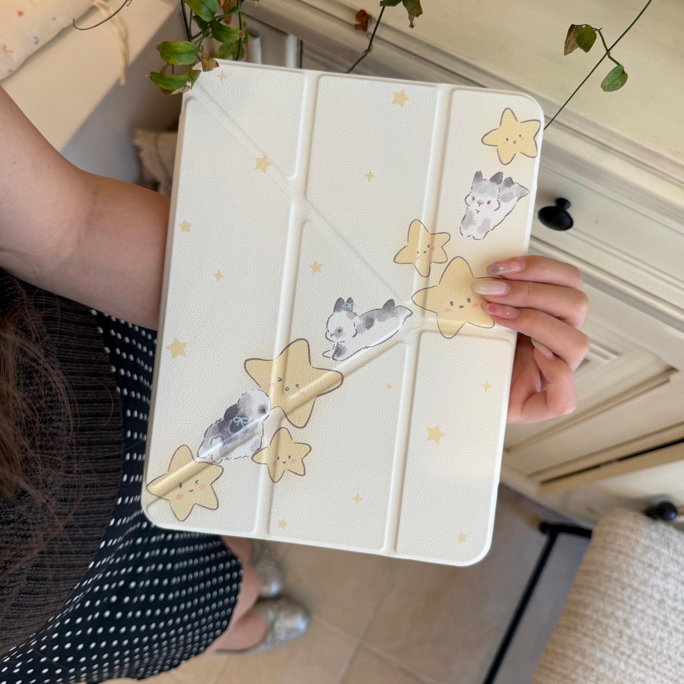 Простой Чехол Кролик со Звездочкой для iPad Air8 Air7 13-го 11-го 10-го A16 9-го Чехол iPad Pro11 4 5 10.9 дюйма 12.9" M5 M2 M3 M4 Mini7/6 с Держателем для Apple Pencil