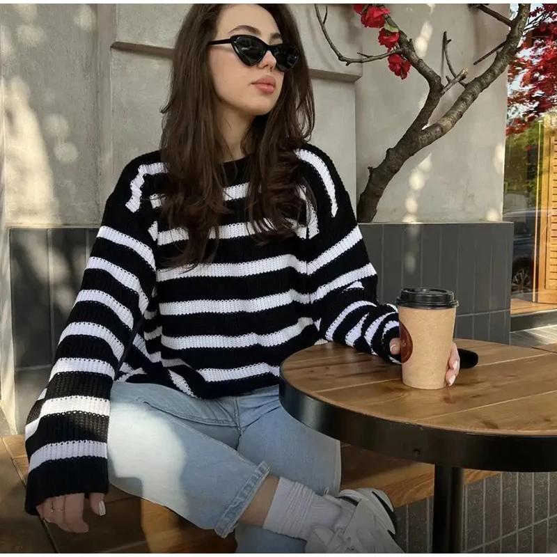 Knitted Striped Sweater Women Loose Pullovers O-neck Full Sleeve Female Autumn Winter Lady Casual Match All Jumpers