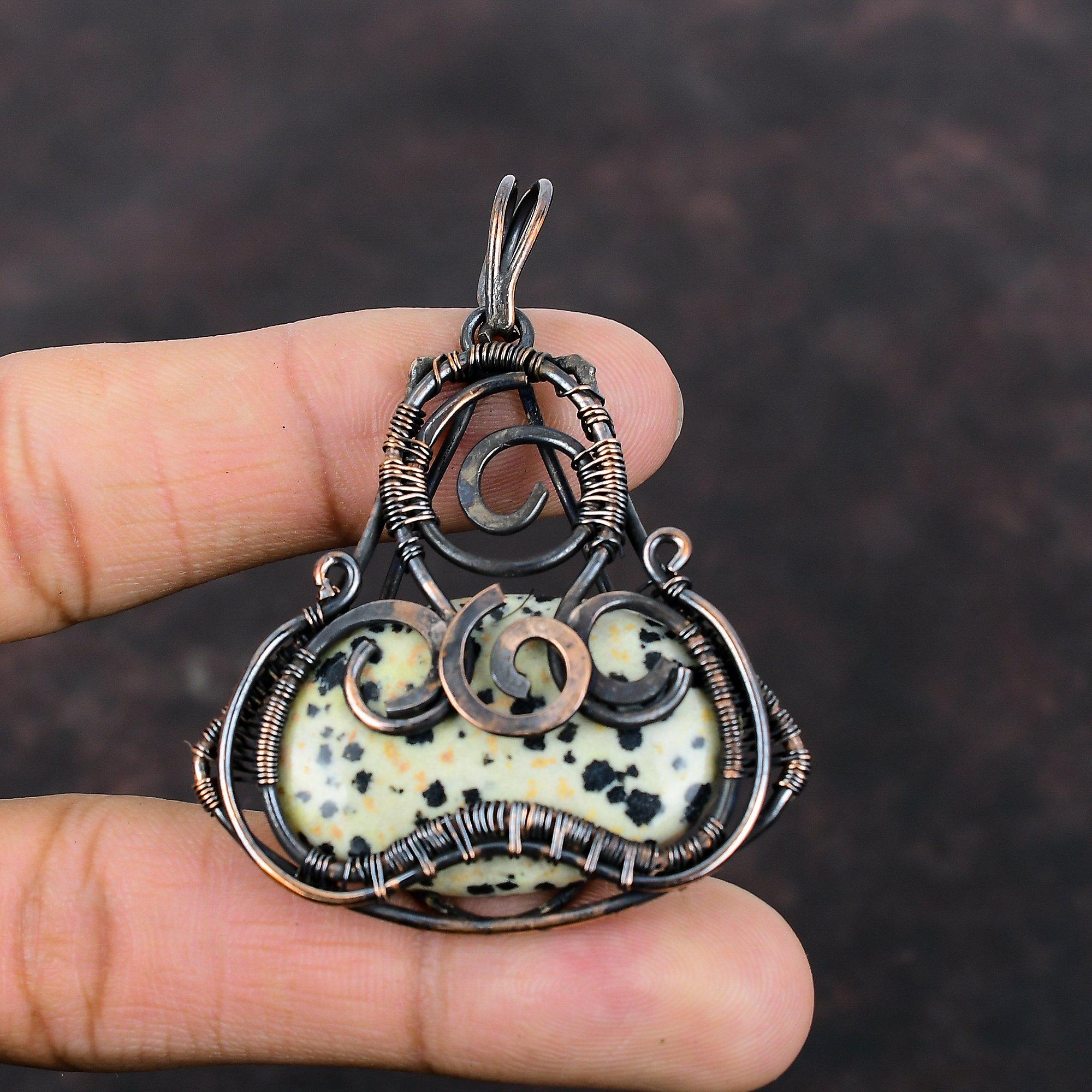 Подвеска из далматинской яшмы, обернутая медной проволокой, Подвеска из драгоценного камня, Украшения ручной работы, Достойная подвеска, Изящные медные украшения, Удивительная подвеска для подарка