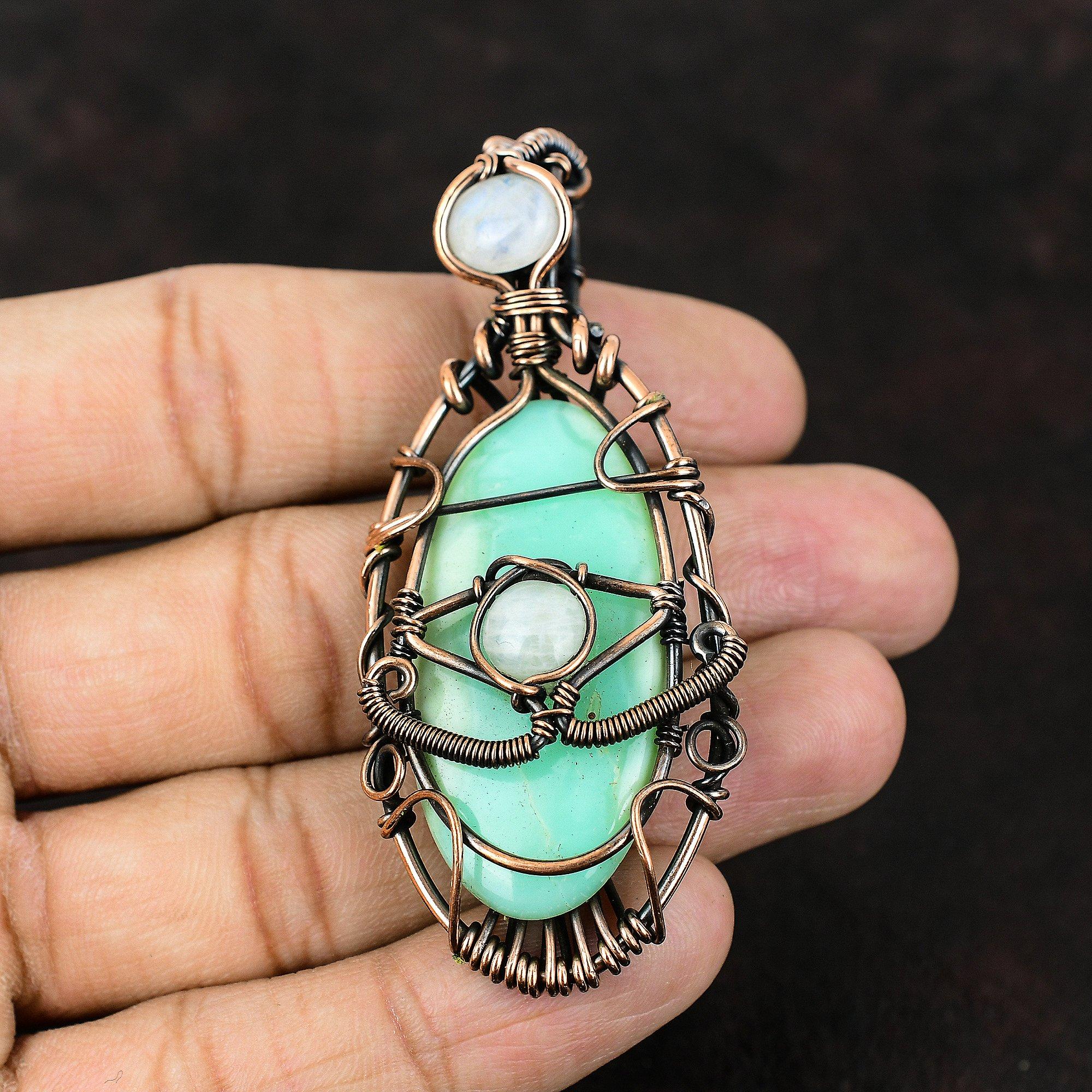 Evil Eye Chrysoprase Copper Pendant Copper Wire Wrapped Jewelry Gemstone Jewelry Rainbow Moonstone Jewelry Gift For Mother Evil Eye Jewelry