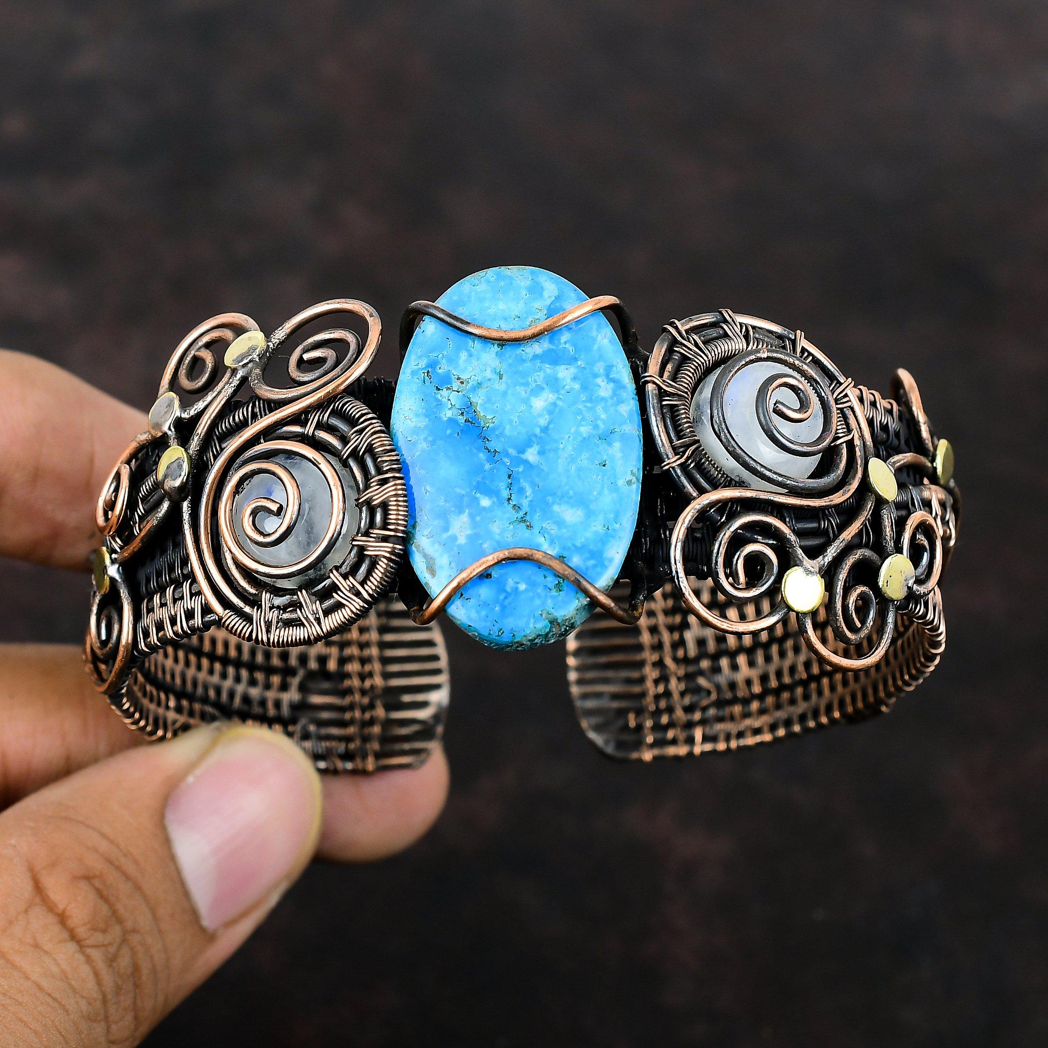 Аризона, бирюзовый браслет, браслет-манжета с драгоценными камнями, медная проволока, обернутая Радужным браслетом из лунного камня, ювелирные изделия ручной работы, регулируемые манжеты, подарок для женщин