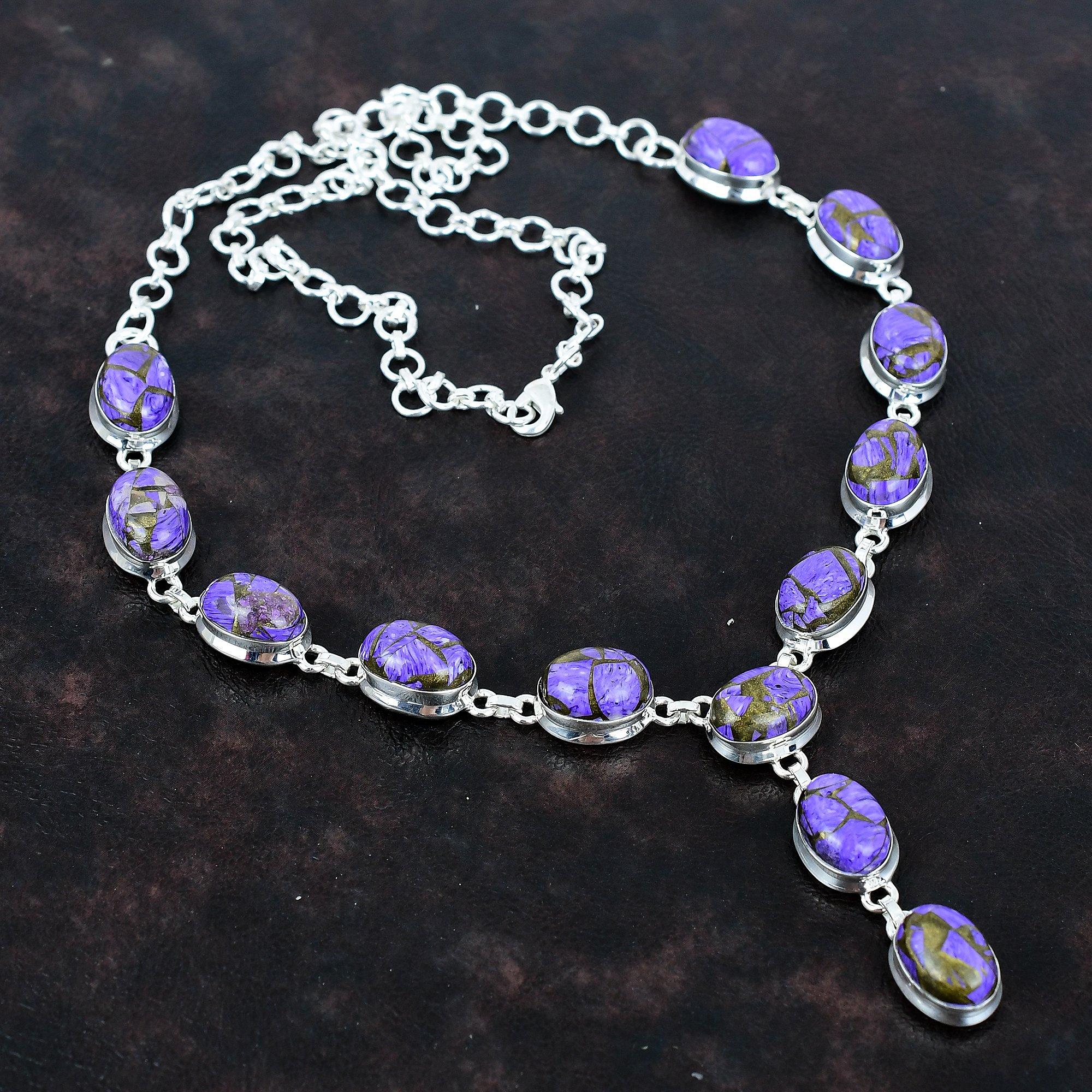 Медное колье с чароитом, оригинальное колье из драгоценного камня, колье из стерлингового серебра 925 пробы, колье с регулируемой цепочкой, украшения ручной работы, подарки для мамы