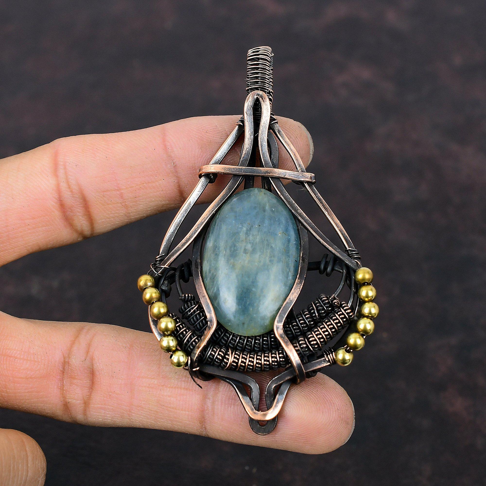 Аквамариновый кулон, медная проволочная обертка, кулон ручной работы, медные украшения, драгоценный камень, проволочная обертка, подарок для нее, лечебный камень