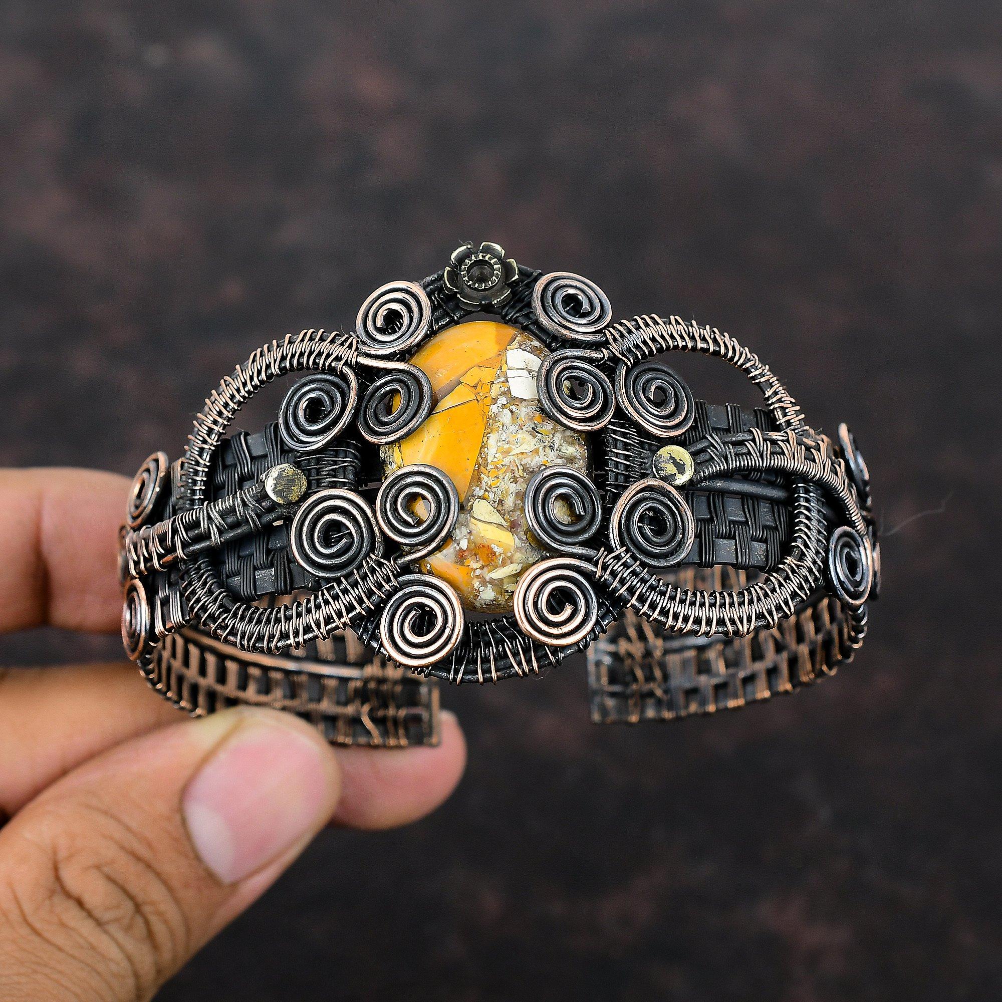 Браслет из меди с брекчиевым мукаитом, обмотанный медной проволокой, регулируемый браслет-манжета, ювелирные изделия ручной работы, браслет с драгоценными камнями, обмотанный проволокой