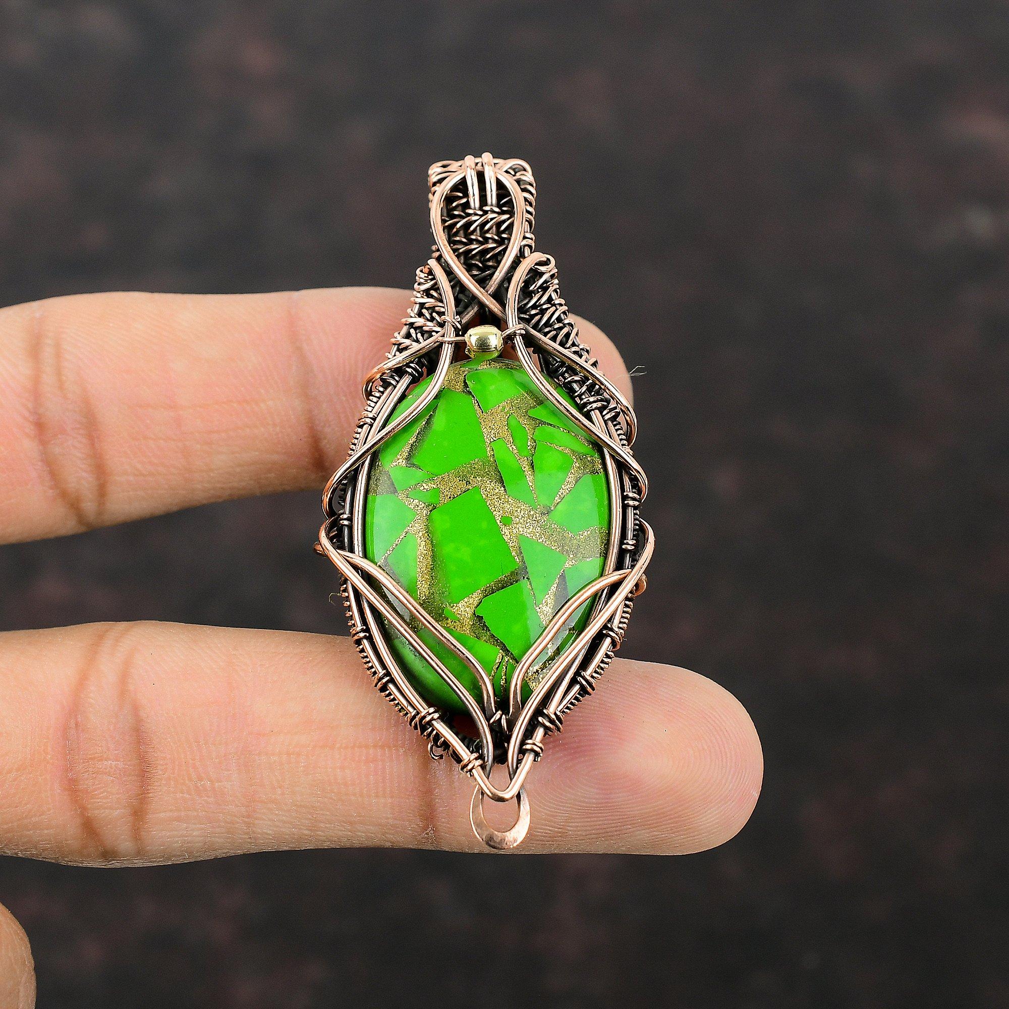 Copper Green Turquoise Gemstone Pendant Copper Wire Wrapped Pendant Handmade Wire Wrapped Jewelry Birthstone Pendant Copper Jewelry For Gift