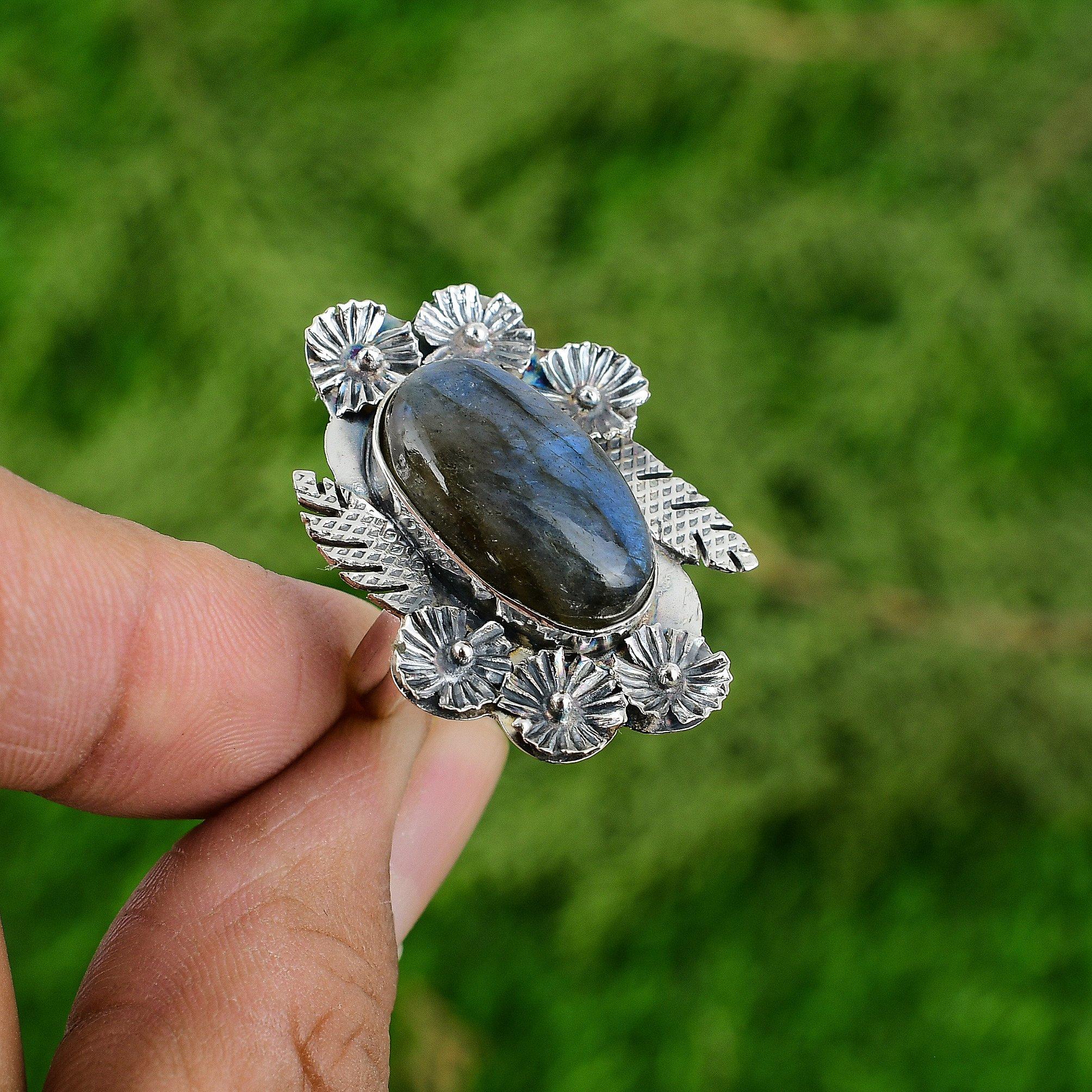Natural Labradorite 925 Silver Solitaire Flower Adjustable Ring For Women