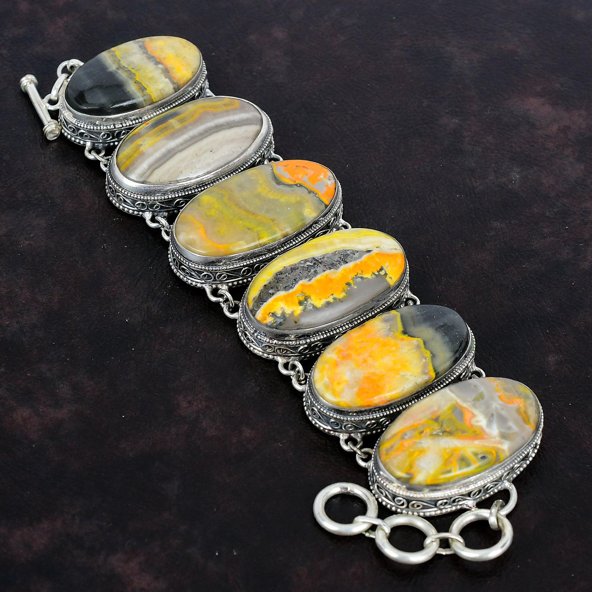 Браслет из яшмы шмеля, винтажный браслет из стерлингового серебра 925 пробы, ювелирные изделия ручной работы с драгоценными камнями, регулируемый браслет-цепочка, подарки для женщин