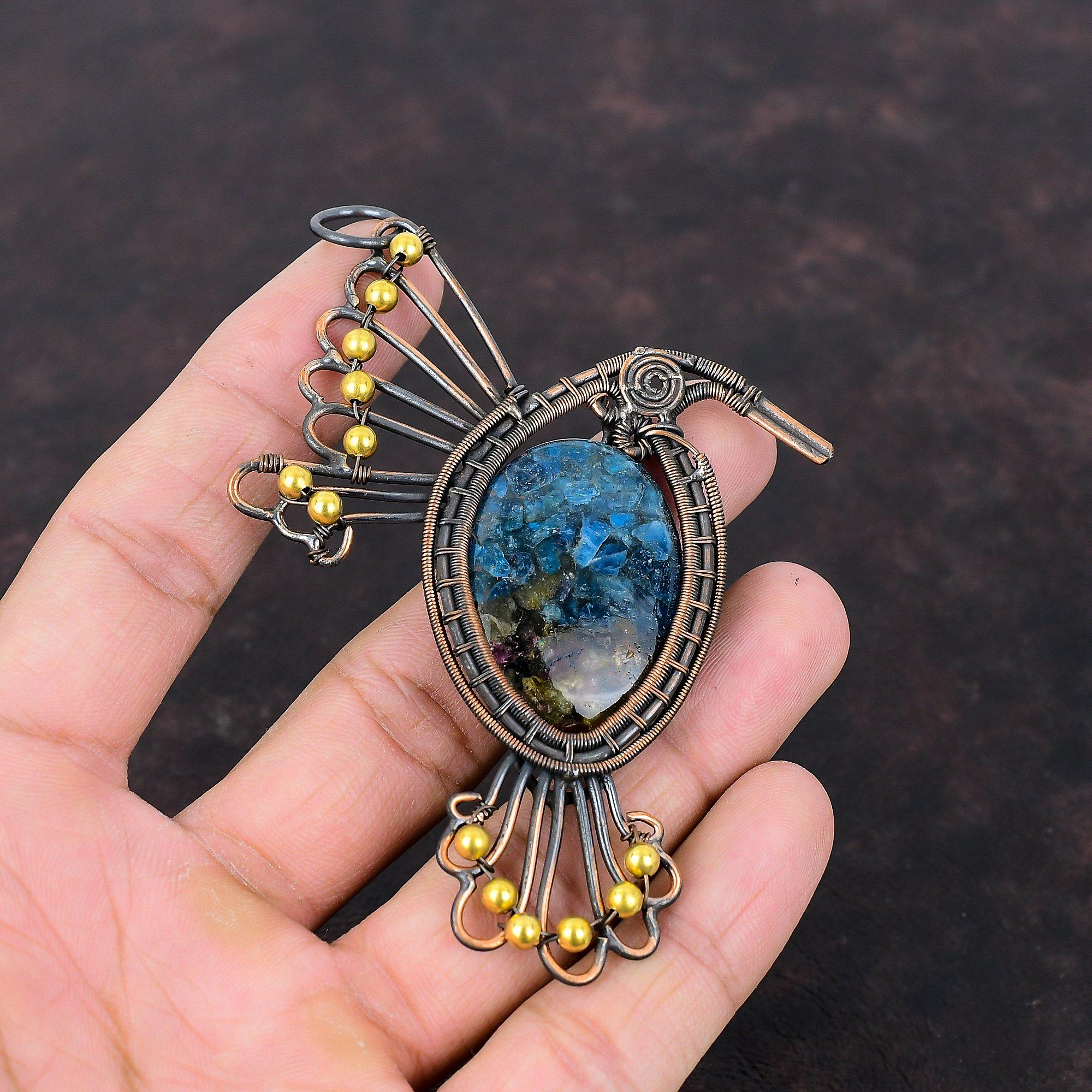 Подвеска с арбузом и турмалином, медная проволока, обернутая подвеска, драгоценный камень, птица, ювелирные изделия, подвеска ручной работы, очень красивые медные украшения, подарок на годовщину