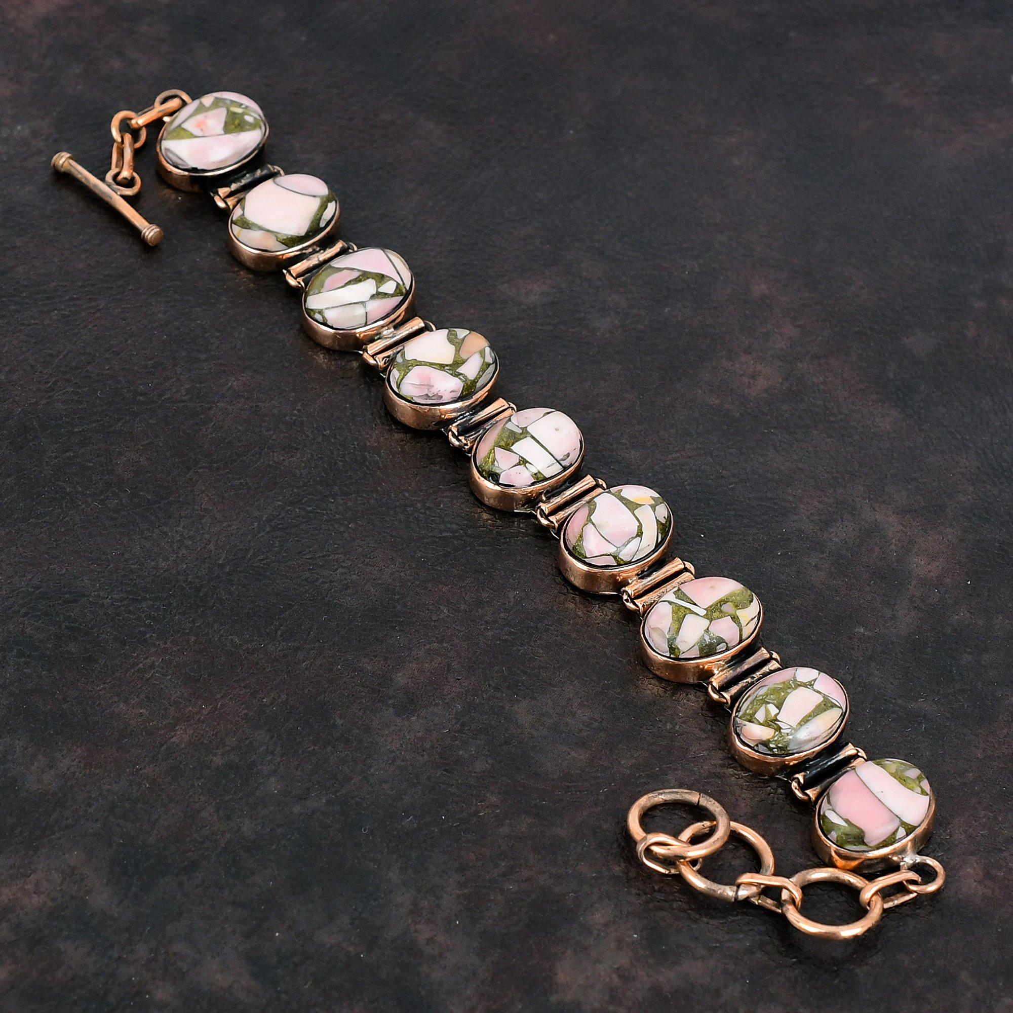 Медный браслет с розовым опалом, медный браслет с регулируемой цепочкой, украшение из драгоценного камня, браслет ручной работы, элегантные медные украшения, подарки для него