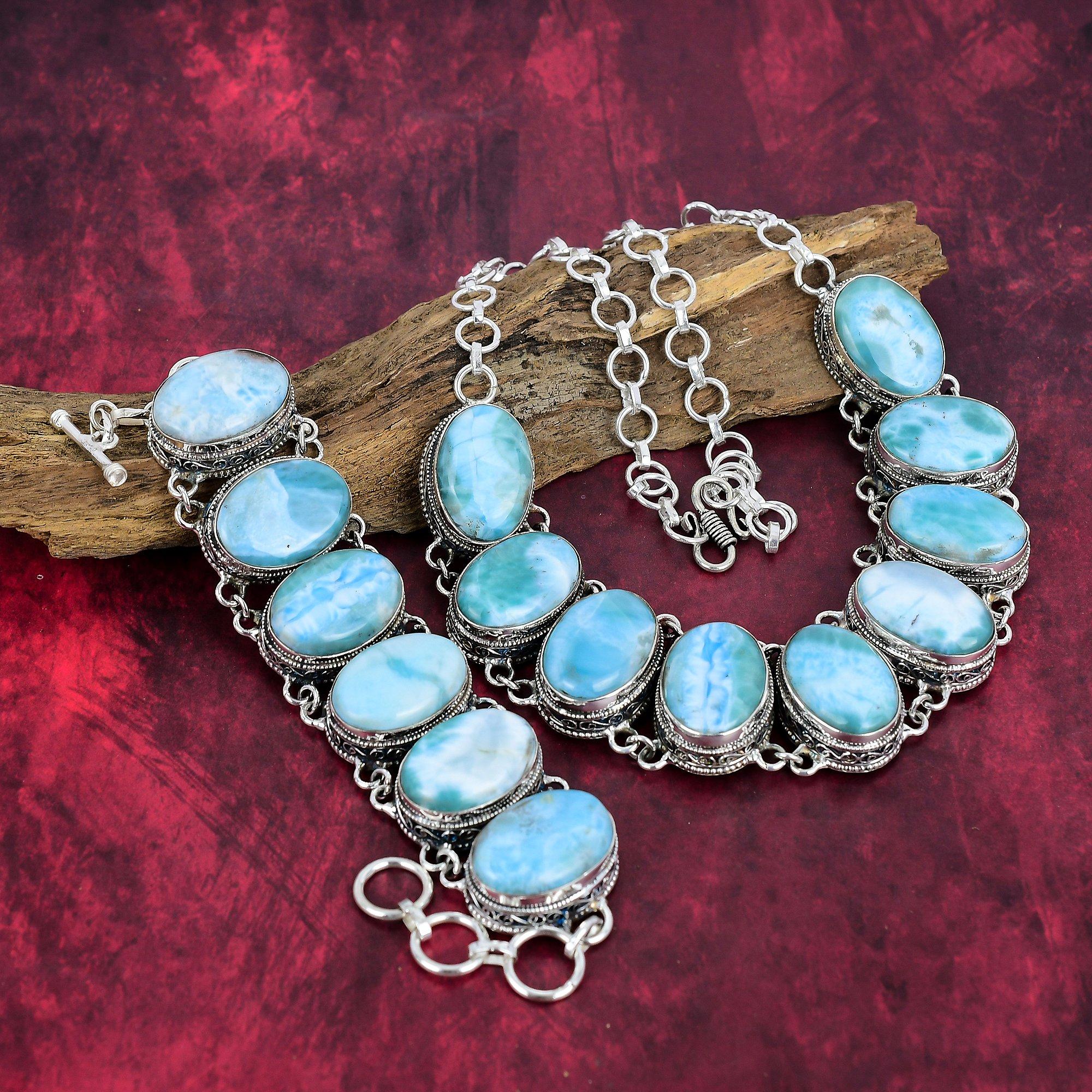 Larimar Gemstone Jewelry, Handmade 925 Solid Sterling Silver Jewelry, Unique Bracelet & Necklace Jewelry Set For Thanksgiving