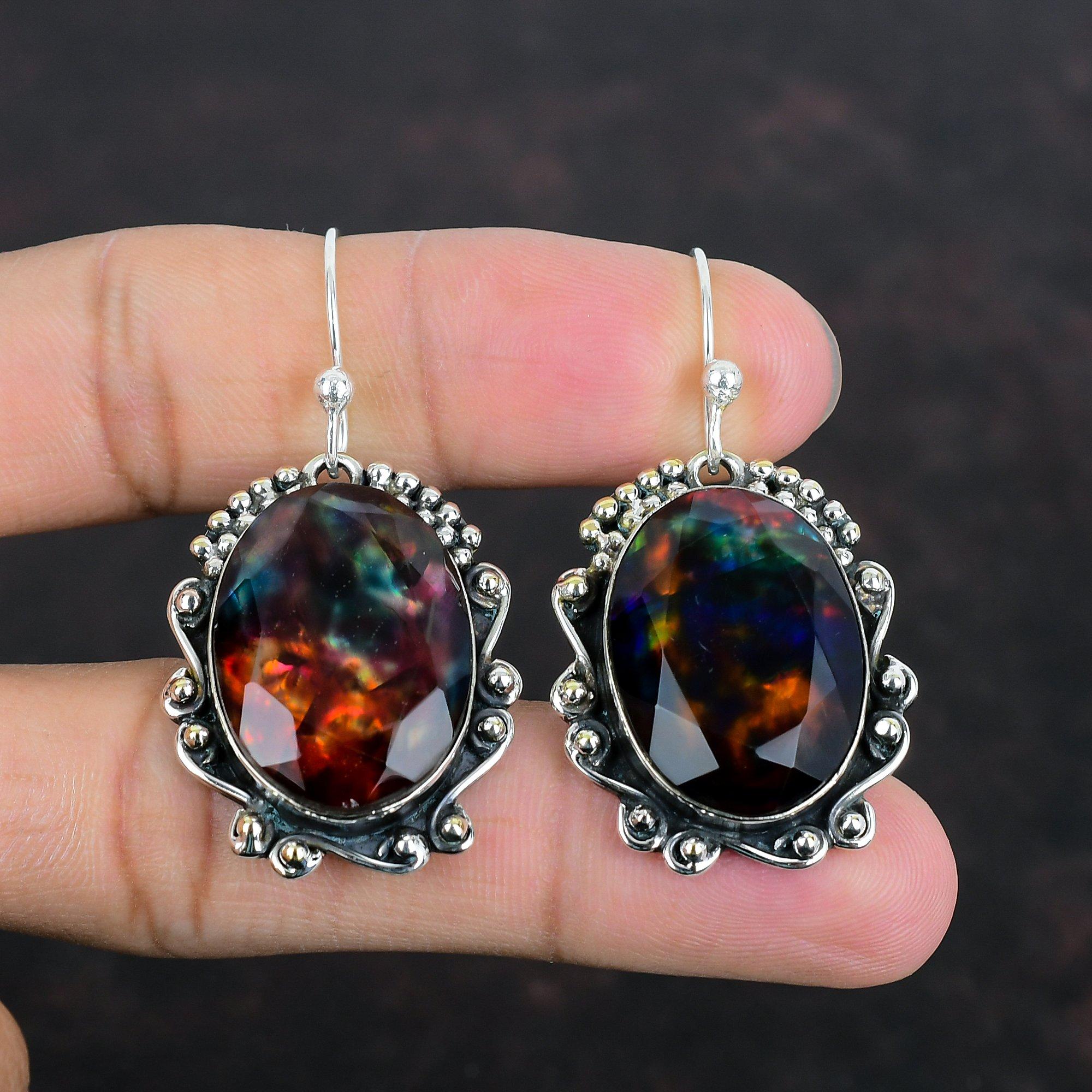 Граненые серьги из аммолита, серьги из стерлингового серебра 925 пробы, серьги с драгоценными камнями, ювелирные изделия из аммолита, серьги-подвески ручной работы, подарки для нее, дизайнерские украшения