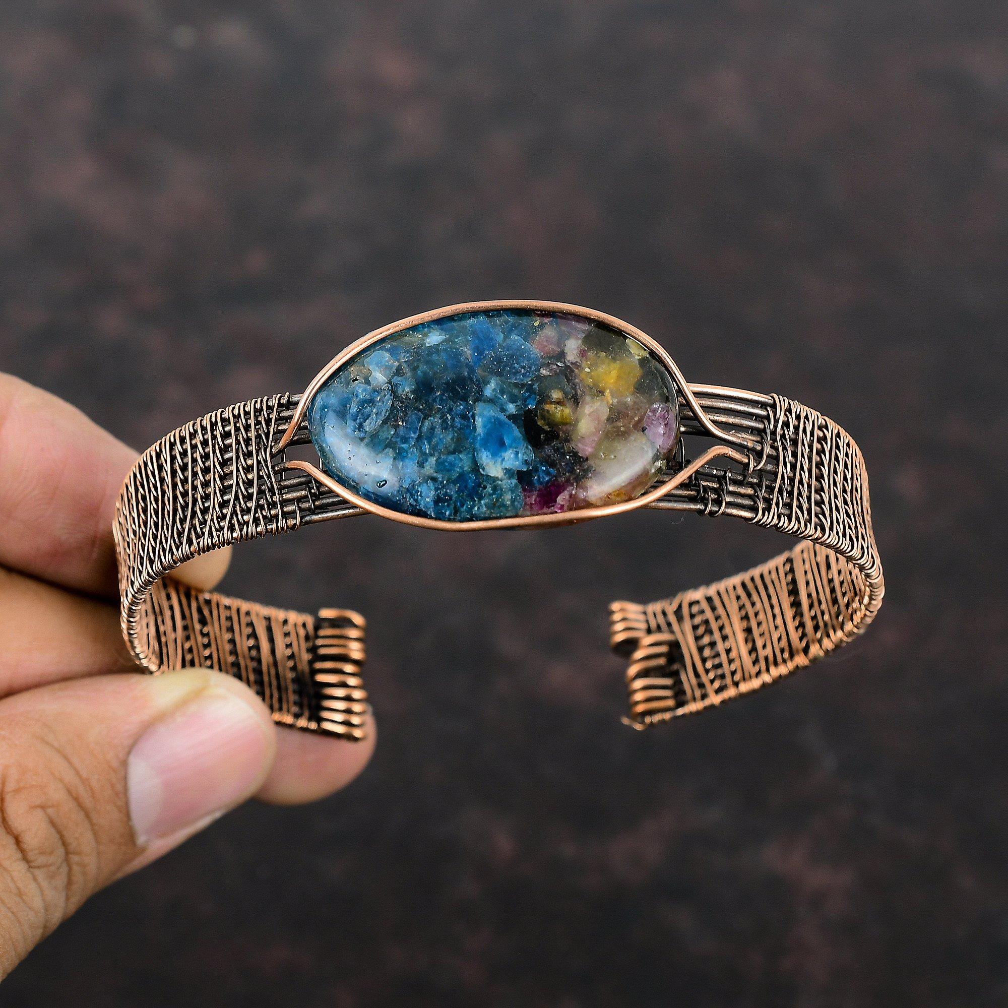 Copper Watermelon Tourmaline Bangle Gemstone Copper Wire Wrapped Bracelet Adjustable Bangle Handmade Unique Bangle Wire Wrap Jewelry Gifts