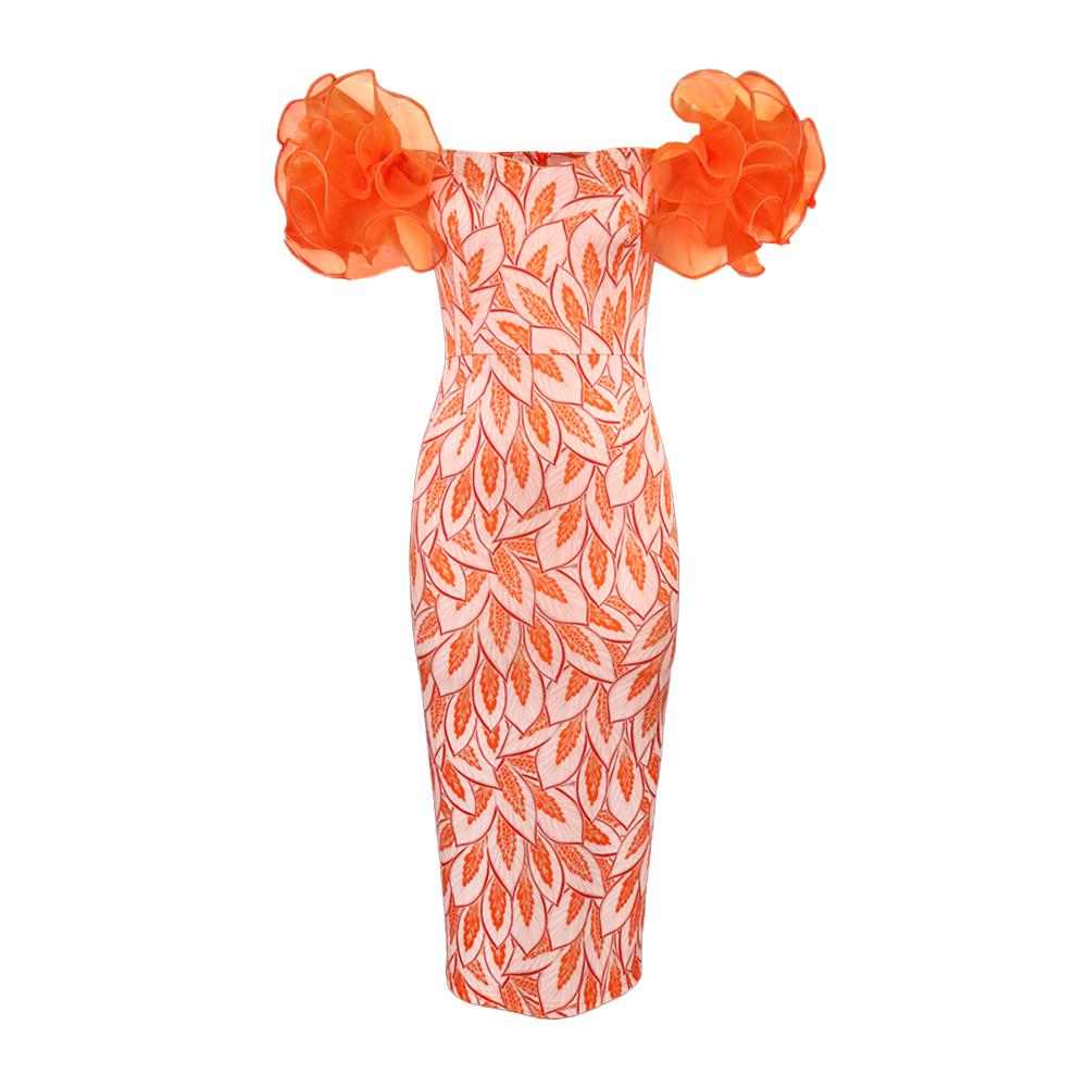 Оранжевое платье с принтом миди, женское вечернее вечернее платье с рюшами и коротким рукавом в стиле ретро, винтажное платье-карандаш для празднования дня рождения, летние наряды размера плюс