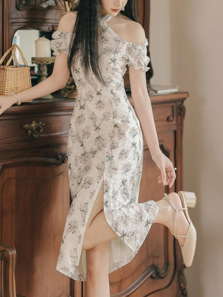 Элегантное винтажное платье Cheongsam, женское летнее платье с цветочной вышивкой, вечернее платье с разрезом, женское длинное платье феи в стиле ретро