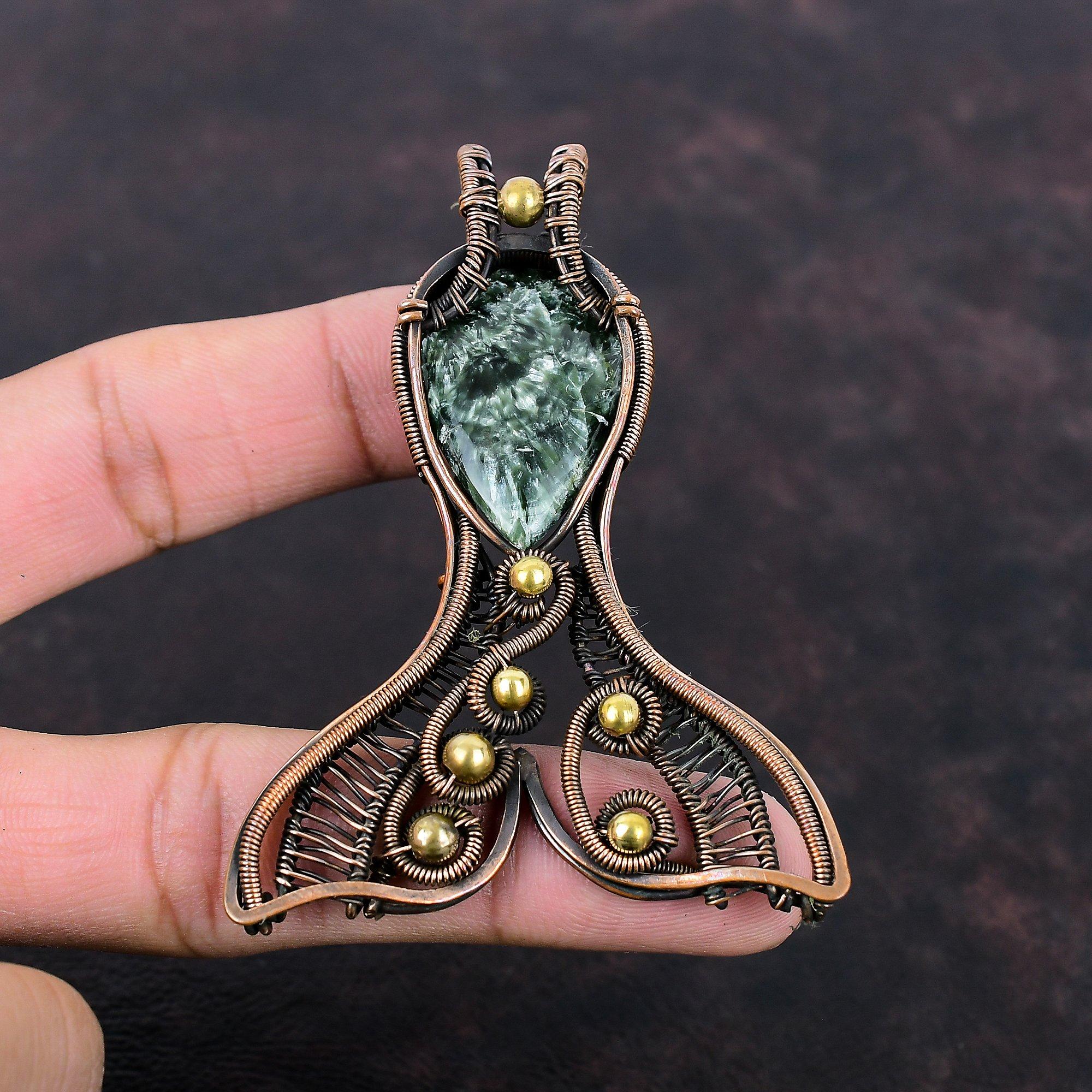 Подвеска из серафинита, подвеска, обмотанная медной проволокой, подвеска в виде рыбки, украшения из драгоценного камня серафинита, подвеска ручной работы, медные украшения, подарки на годовщину