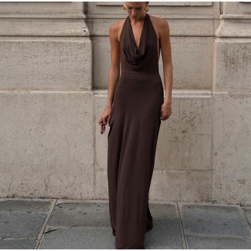 Halter Backless Women Dresses Sleeveless Solid Color Female Maxi Dress 2025 Elegant Spring Pleated Party Holiday A Line Lady Dresses