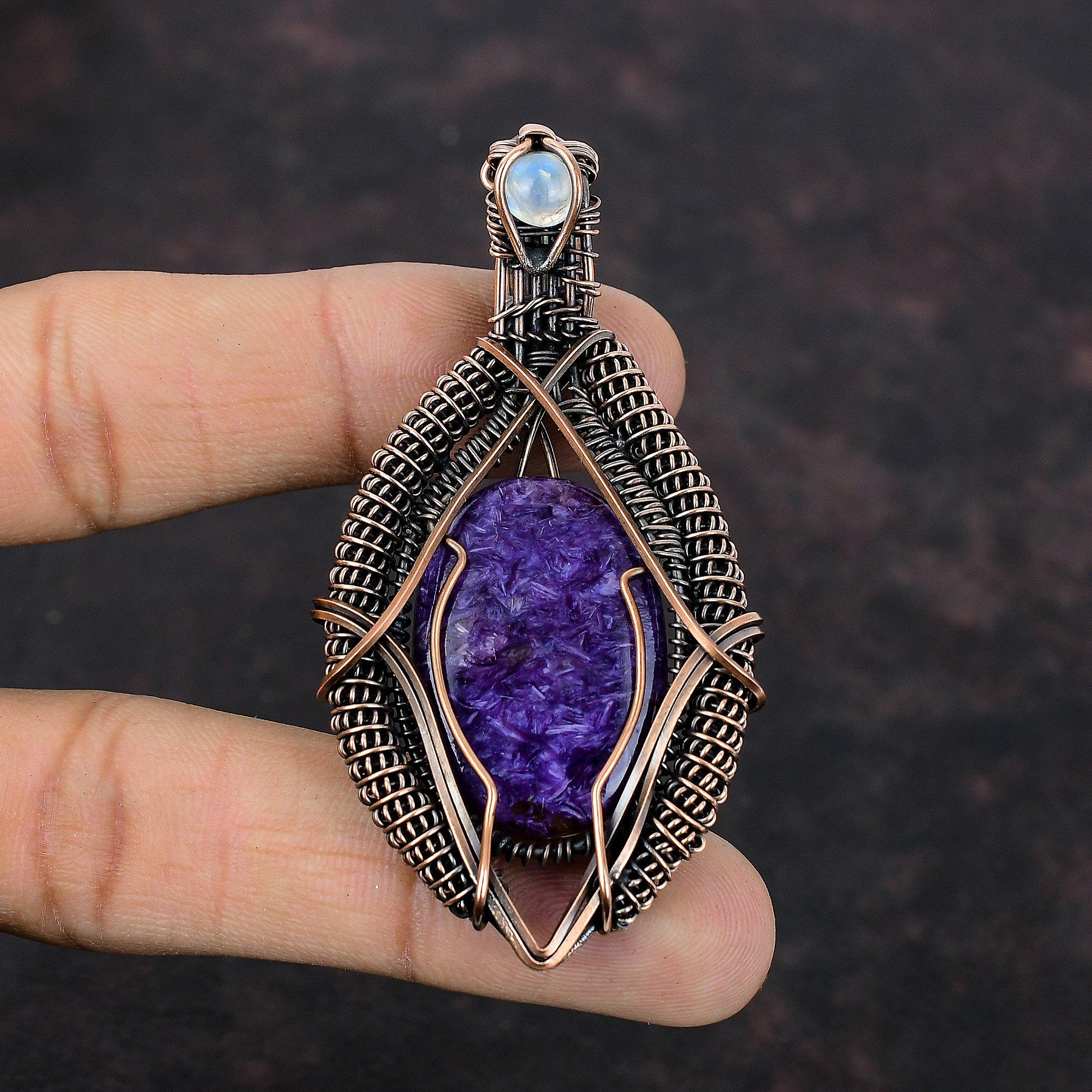 Подвеска из чароита, медная проволочная обертка, ручная работа, проволочная обертка, подвеска из радужного лунного камня, подвеска из драгоценного камня, медные украшения для подарка