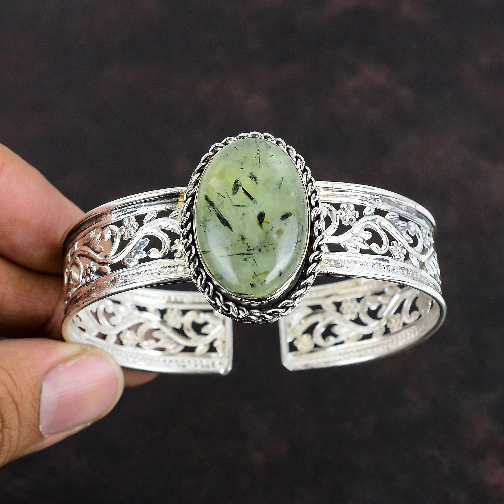 Браслет-манжета из мха пренита с драгоценными камнями, браслет ручной работы последнего дизайна из стерлингового серебра 925 пробы, регулируемый браслет-манжета, подарки для нее