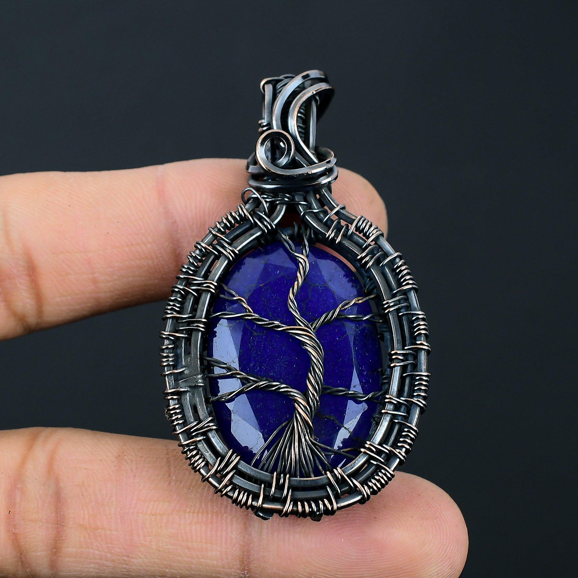 Синий сапфир драгоценный камень ручной работы из чистой медной проволоки обернутый кулон ювелирные изделия на День памяти