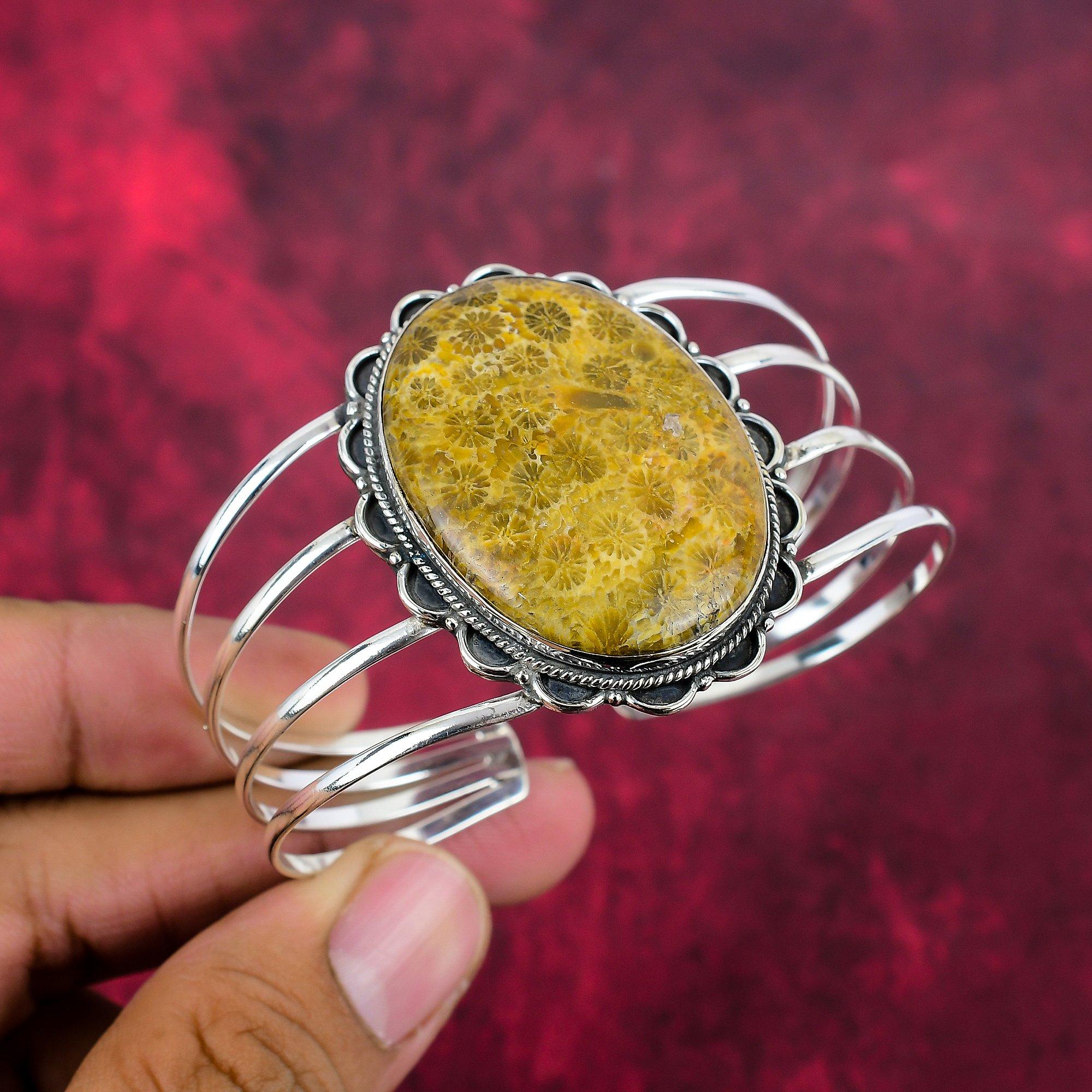 Ювелирные изделия ручной работы из желтого ископаемого коралла с драгоценными камнями, браслет из стерлингового серебра 925 пробы с уникальным дизайном, для женщин