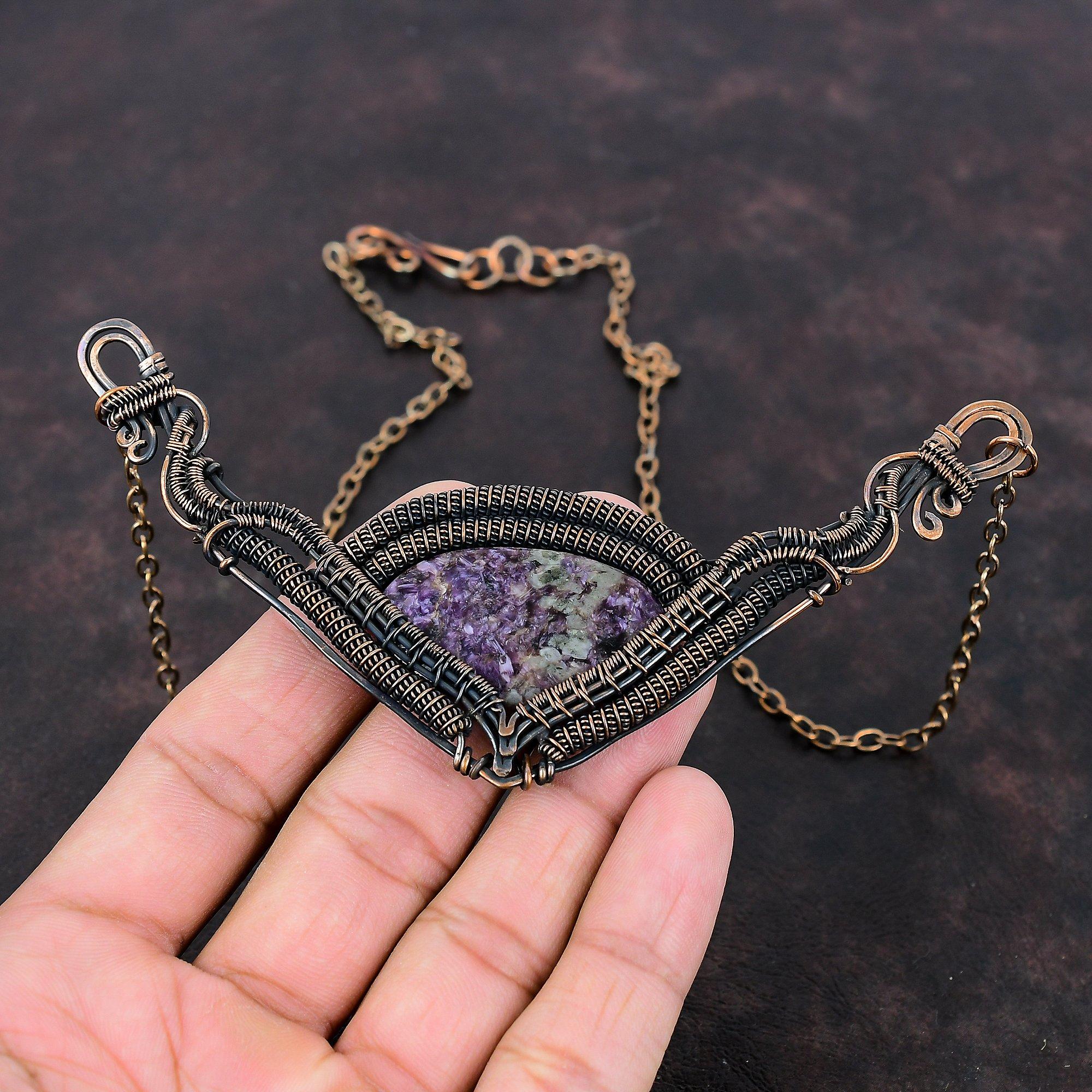 Charoite Necklace Copper Wire Wrapped Gemstone Necklace Adjustable Chain Necklace Copper Jewelry For Gift Handmade Jewelry Stylish Necklace
