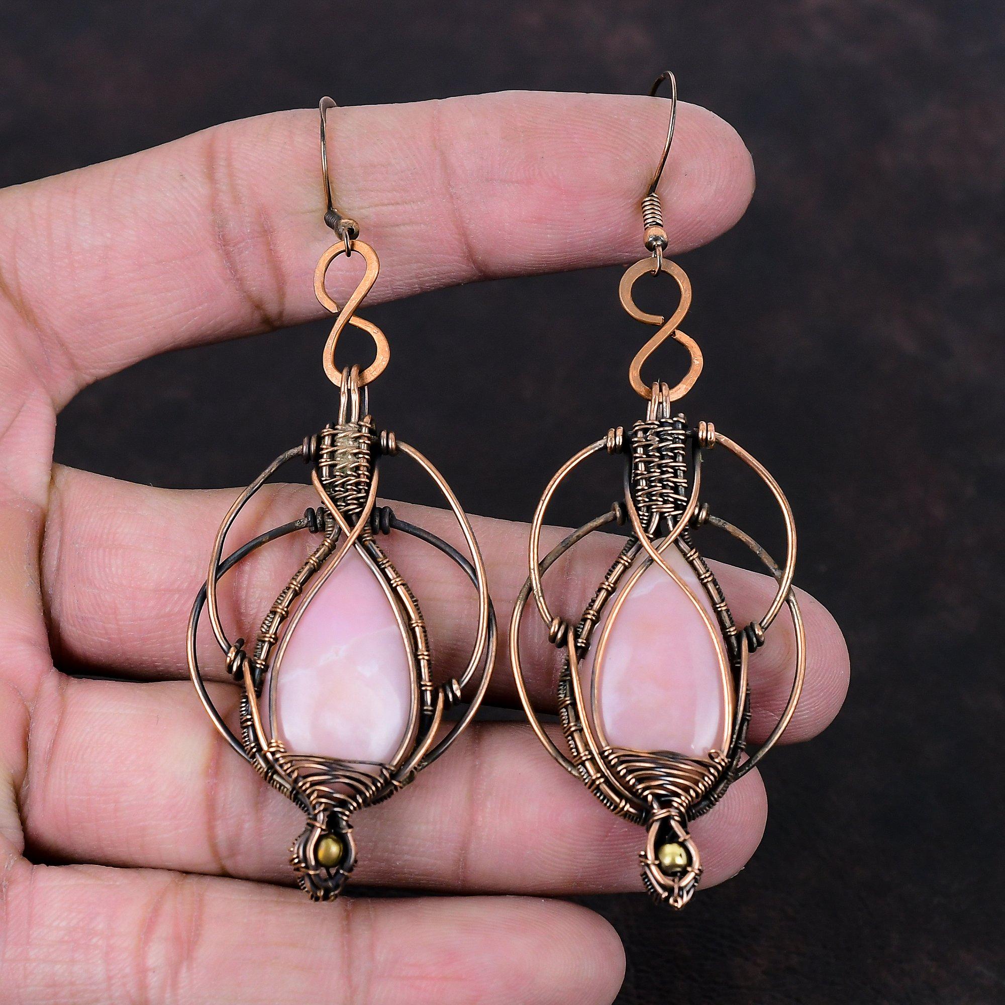 Серьги с розовым опалом, серьги из медной проволоки, ювелирные изделия ручной работы из драгоценных камней, очень красивые висячие серьги, подарок для матери, ювелирные изделия из медной проволоки