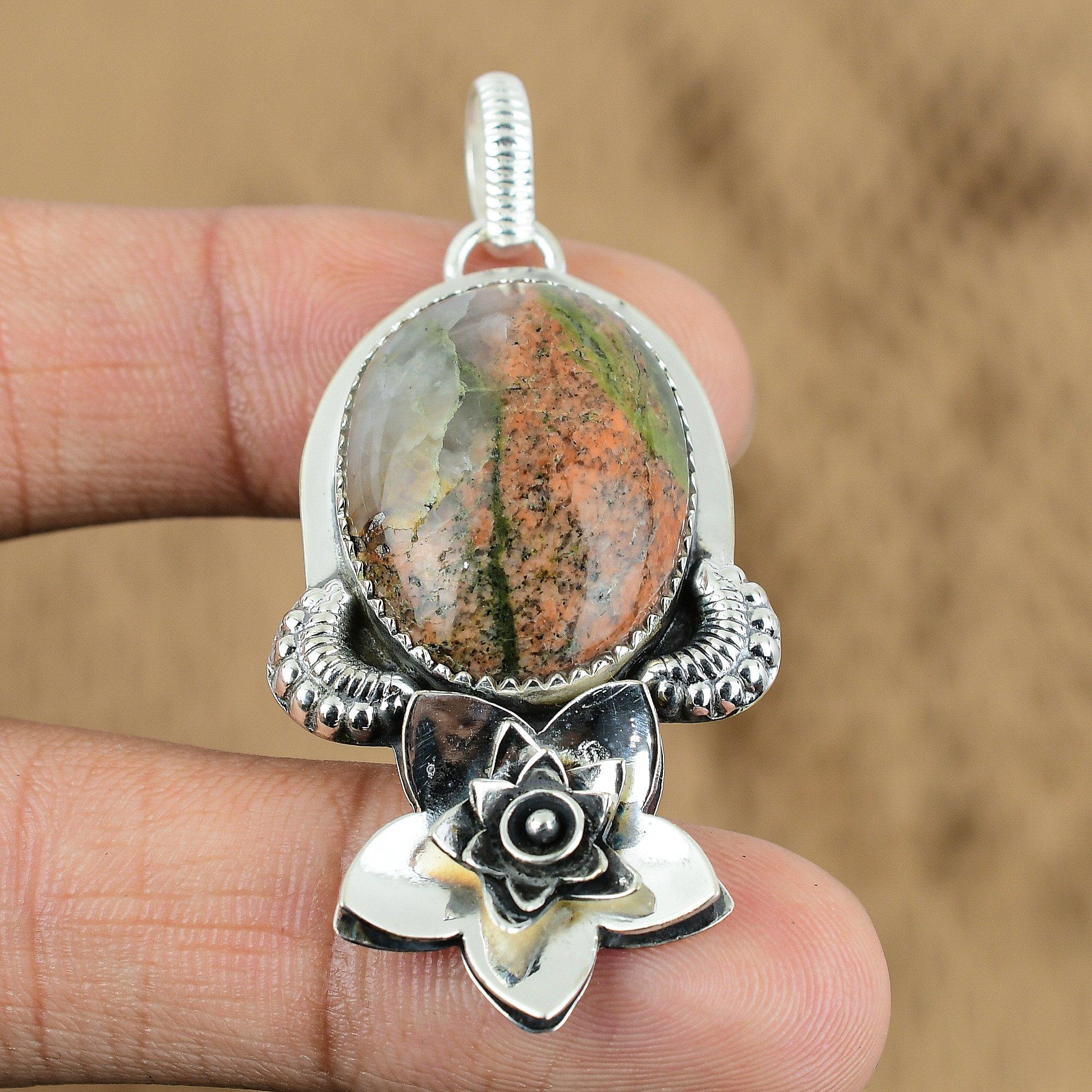 Mothers Day Sale 925 Silver Oval Natural Unakite Flower Heart Chakra New Pendant