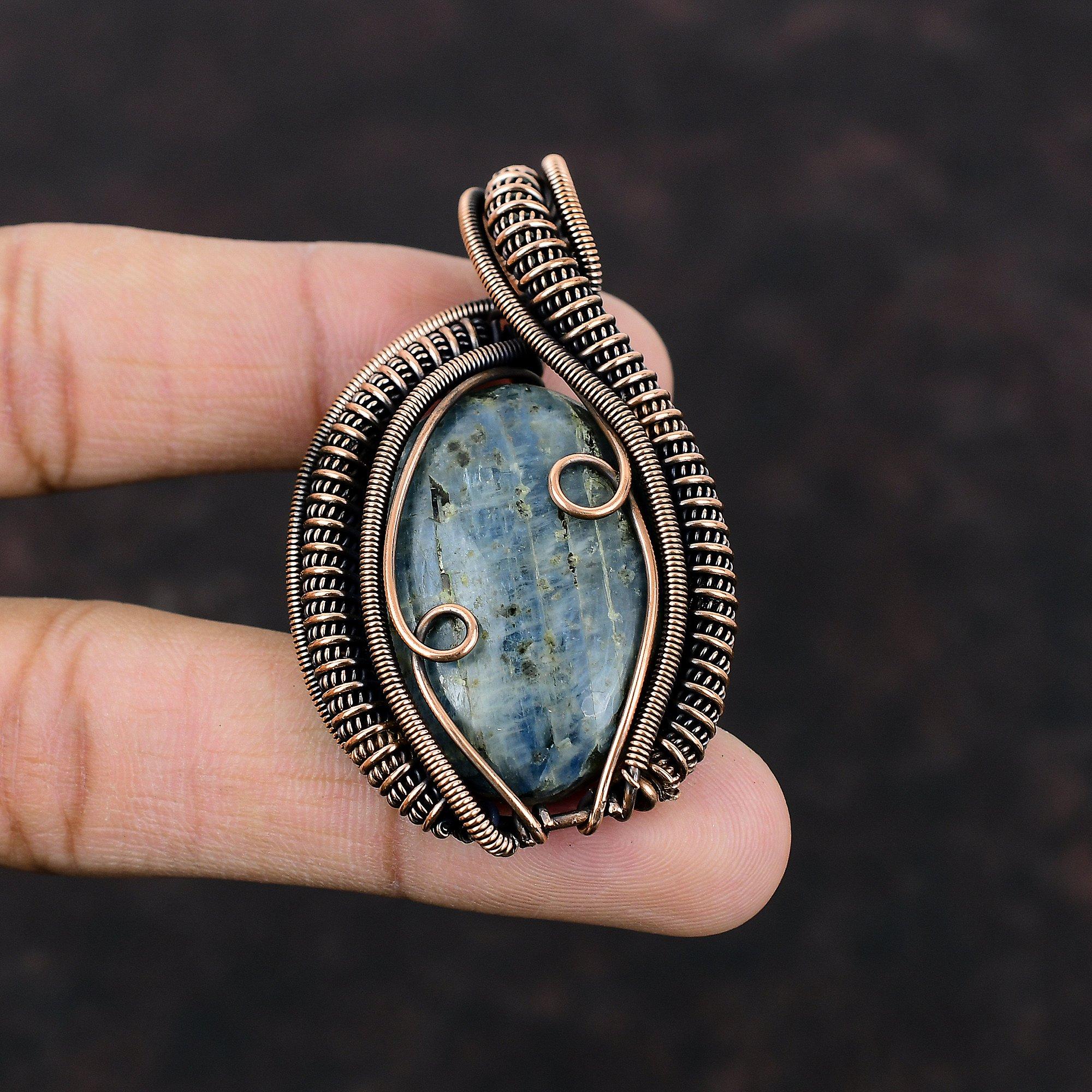Подвеска из кианита, медная проволока, обернутая подвеской, натуральный драгоценный камень, кианит, ювелирные изделия ручной работы, новейший дизайн, подвеска из меди, ювелирные изделия для подарка